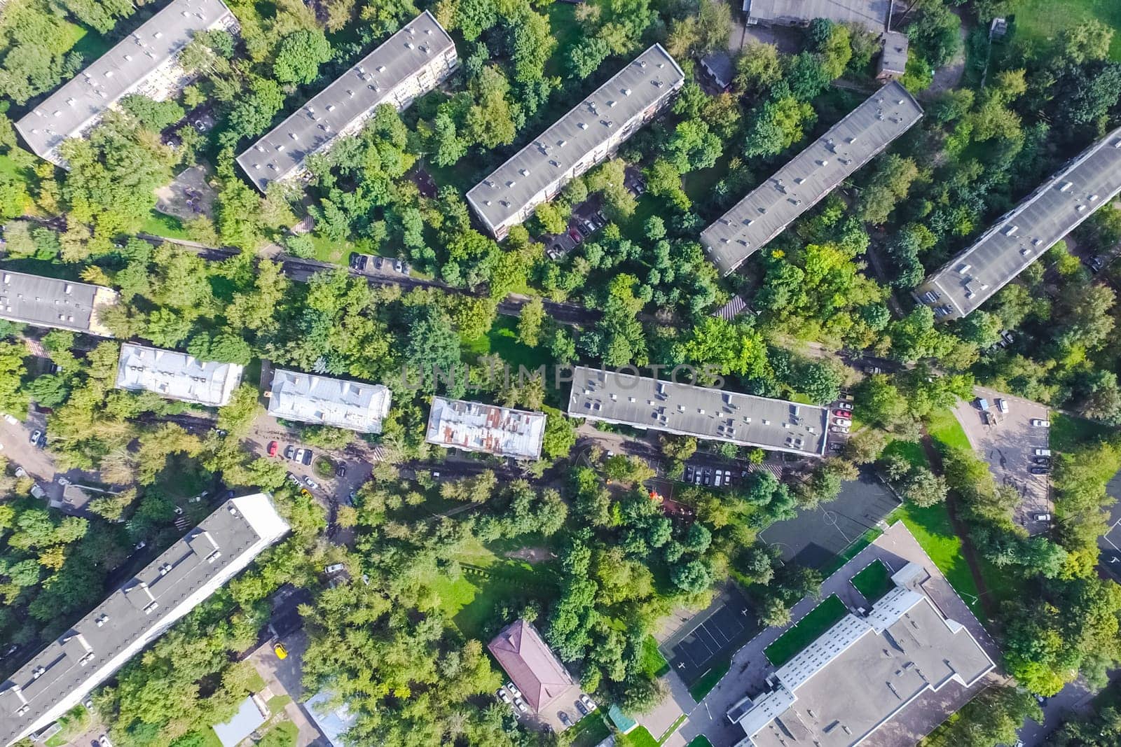 Top view of the city of Moscow, buildings and roads and other infrastructure of the city. Cityscape view from above.
