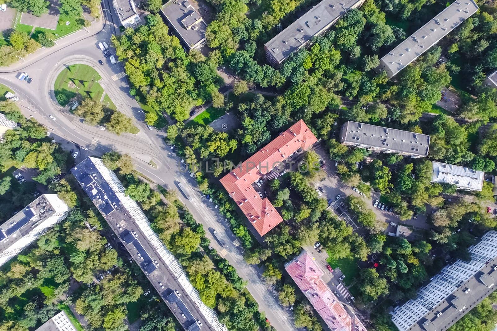 Top view of the city of Moscow, buildings and roads and other infrastructure of the city. Cityscape view from above.