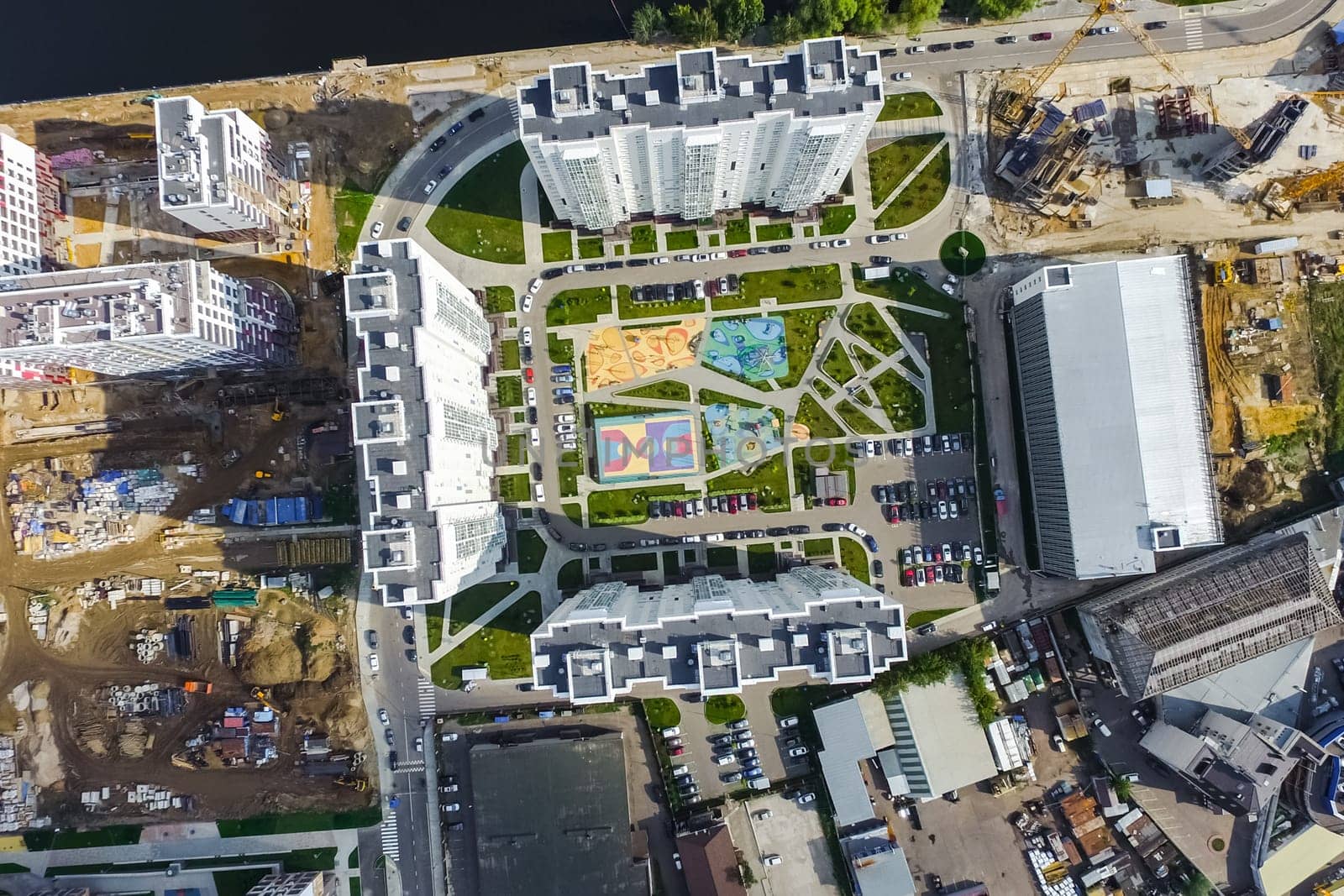 Top view of the city of Moscow, buildings and roads and other infrastructure of the city. Cityscape view from above.