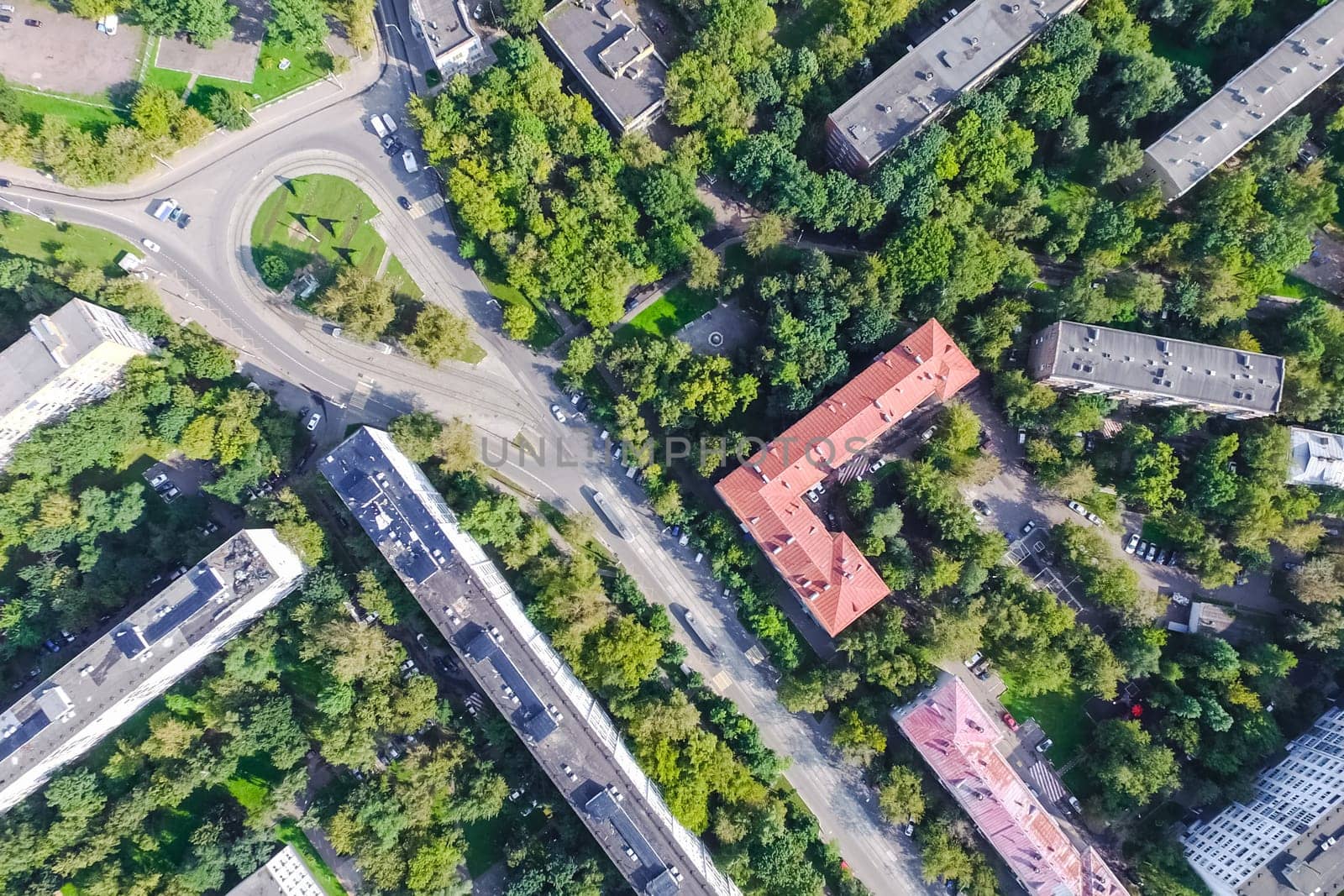 Top view of the city of Moscow, buildings and roads and other infrastructure of the city. Cityscape view from above.