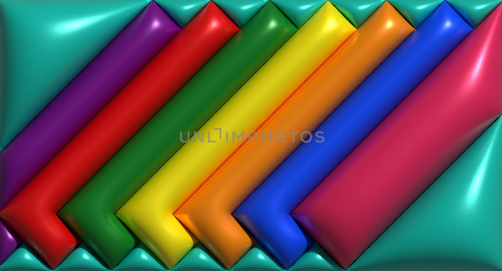 Multicolored inflated rectangles on a green background, 3D rendering illustration