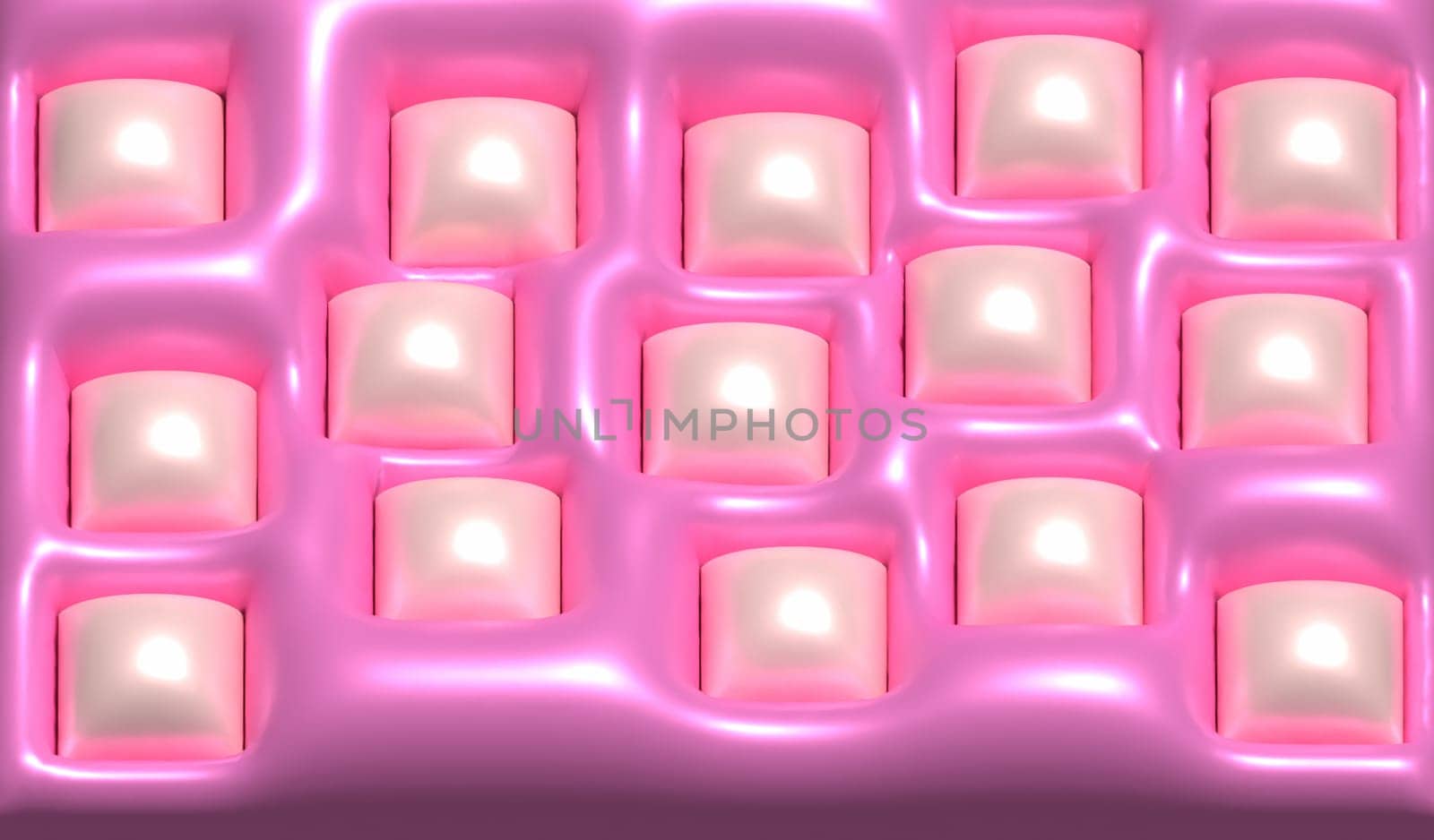 Pink background with raised squares, shiny surface. 3D rendering illustration