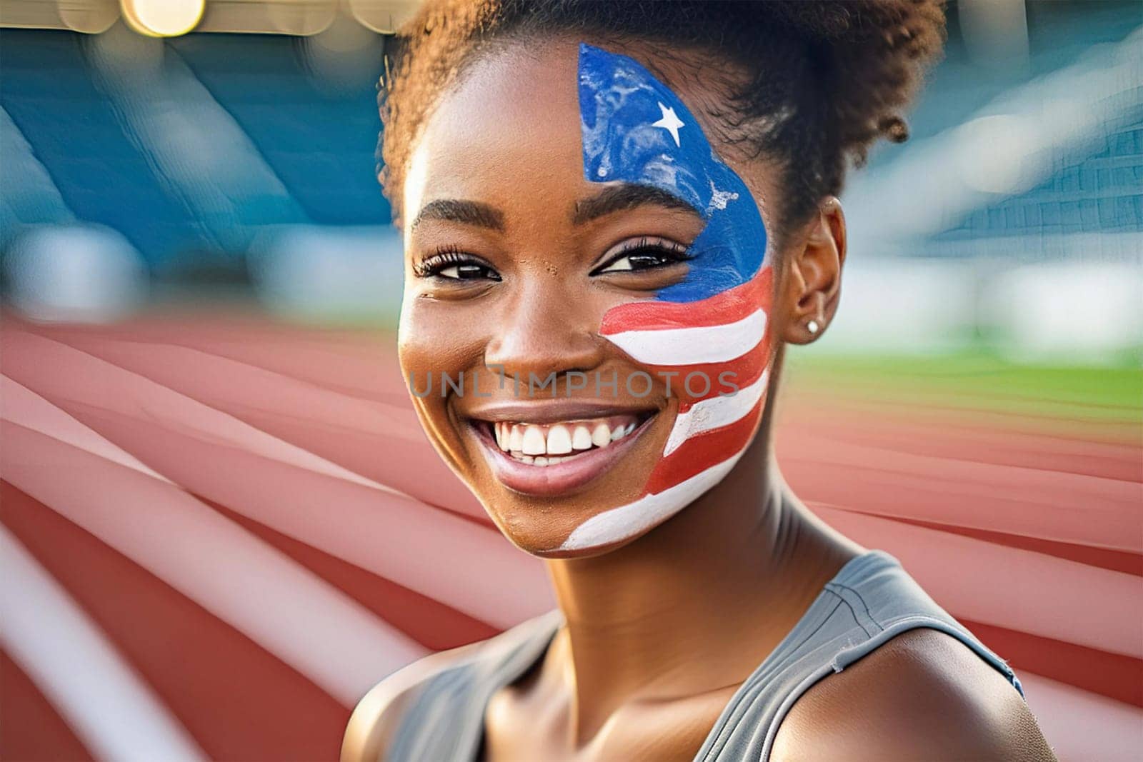 Portrait of a dark-skinned American athlete in a sports stadium with a U.S. flag painted on her face
