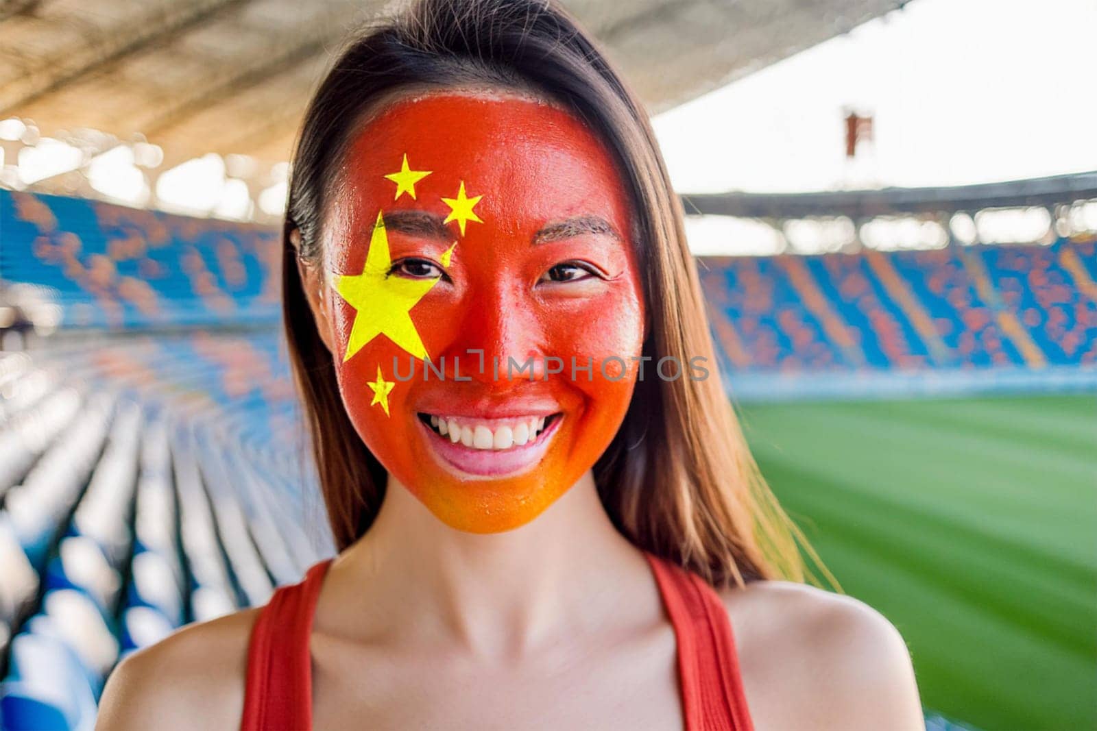 Happy Asian gymnast with face painted in the colors of the Chinese flag in a sports stadium.