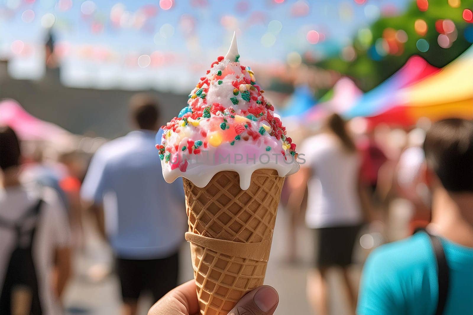 Close-up of a melting ice cream cone with vibrant sprinkles and a blurred background of people enjoying outdoor activities