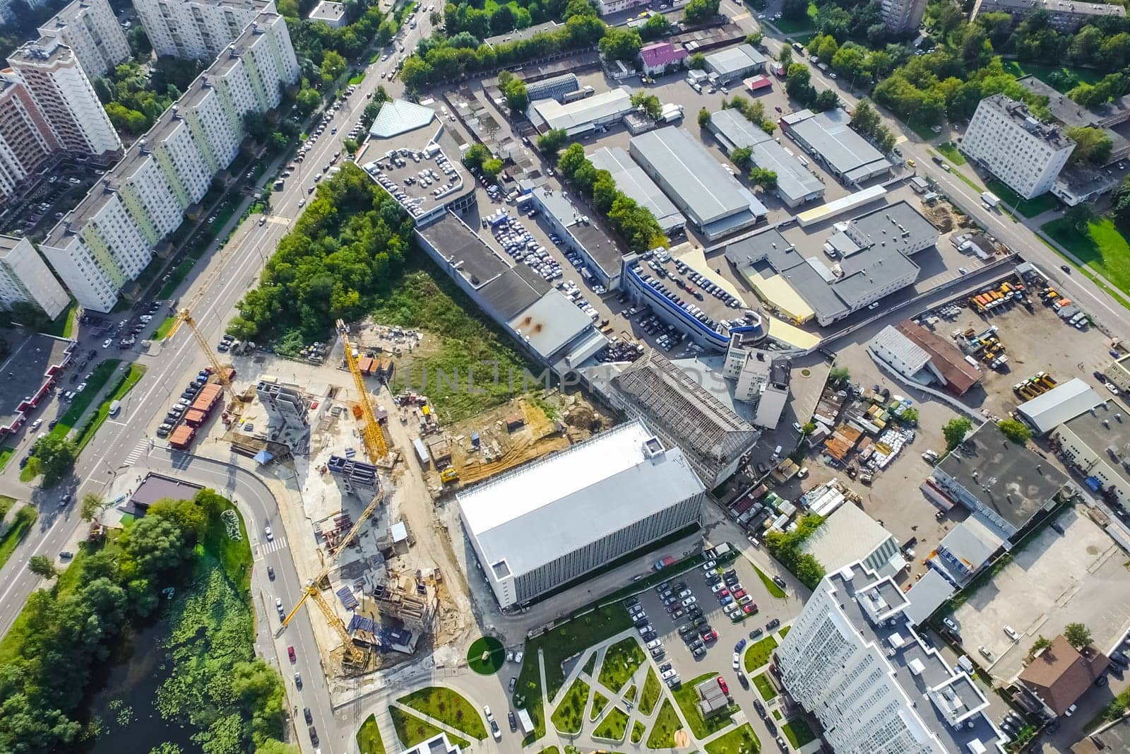 Top view of the city of Moscow, buildings and roads and other infrastructure of the city. Cityscape view from above.