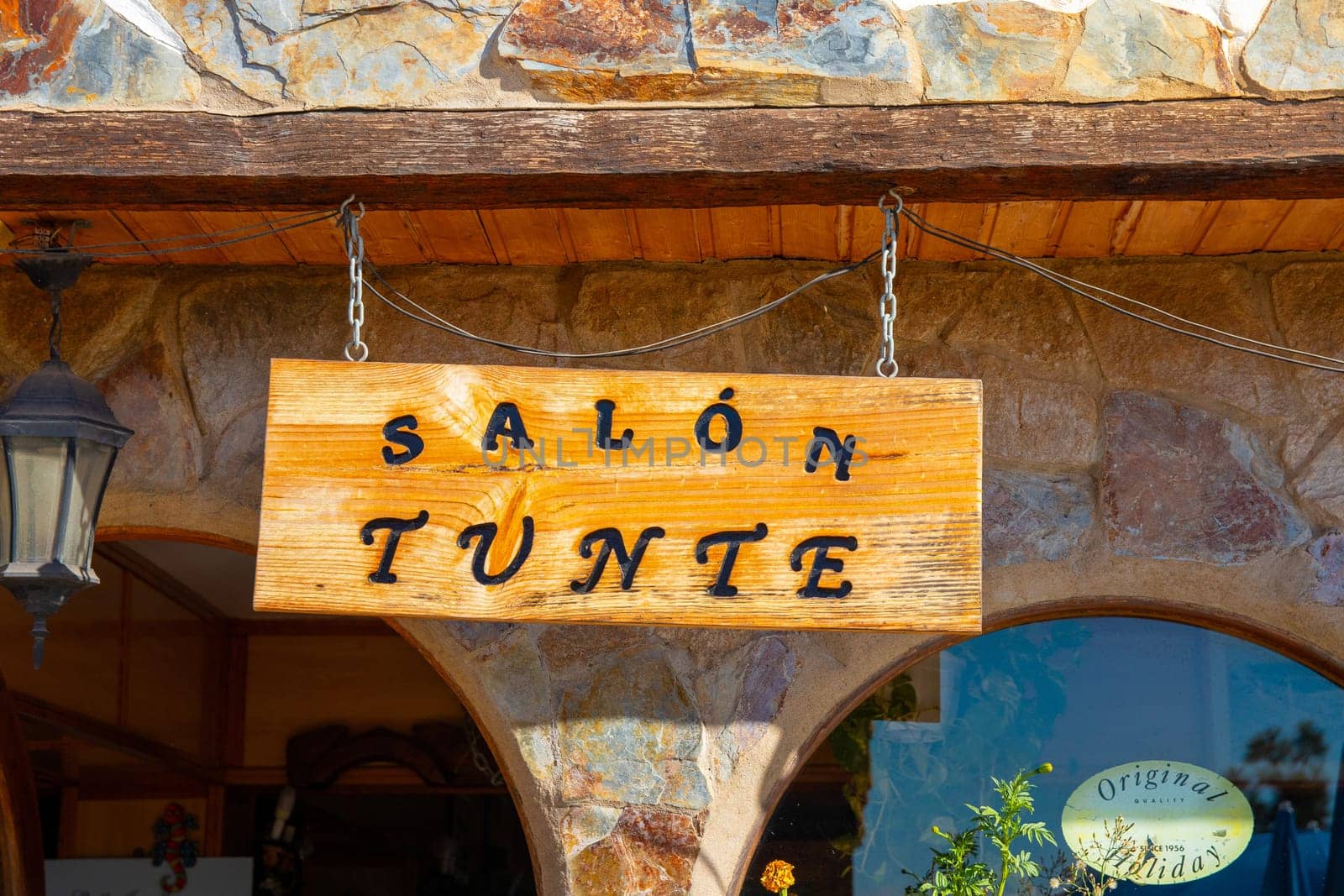 Gran Canaria, Spain - Sep 17, 2018 The wooden entrance sign of the "Mirador de Tunte"" restaurant. Original Canarian cuisine. Near the village of San Bartolome de Tirajana."