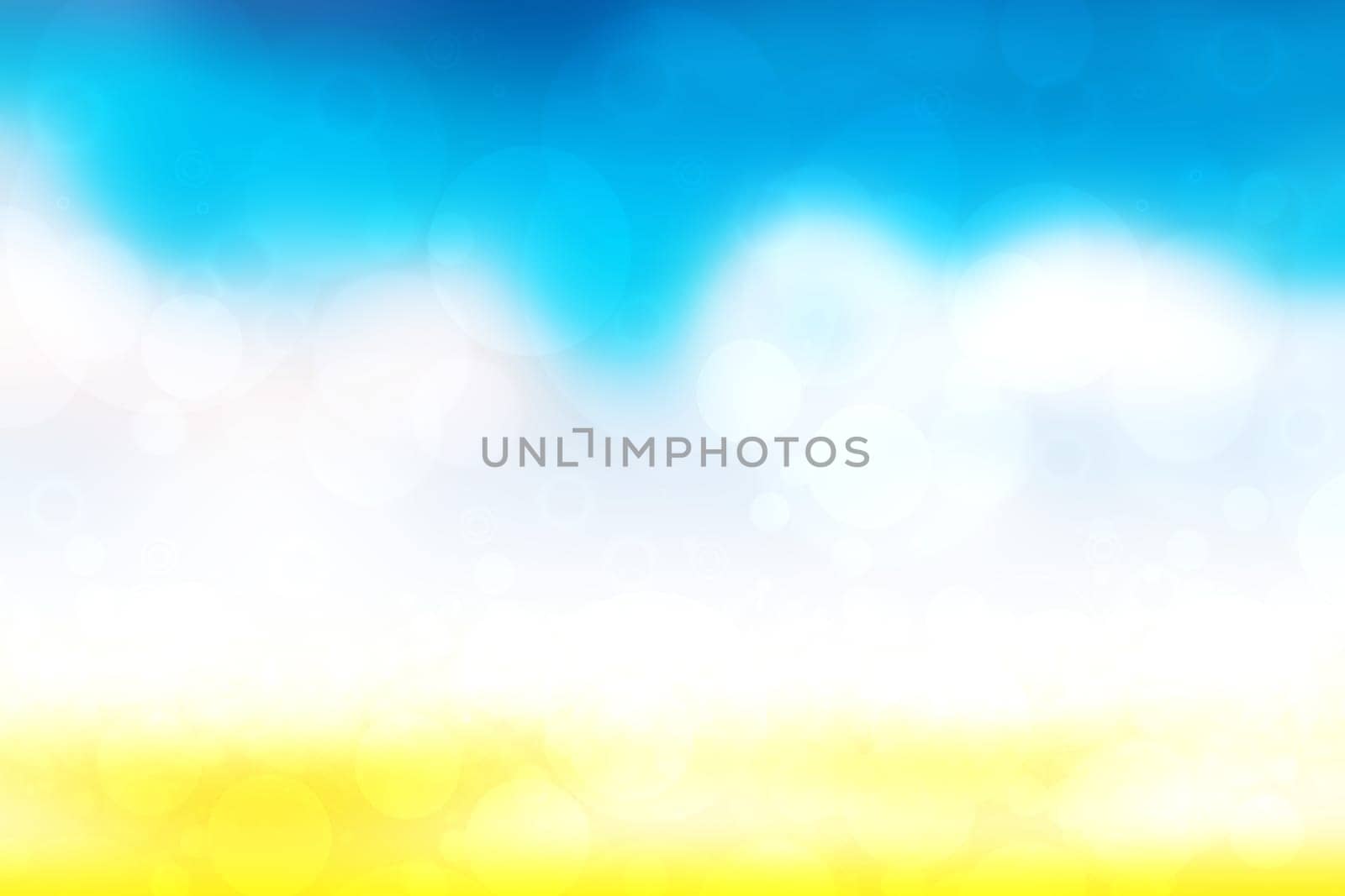Abstract blurred fresh vivid spring summer light delicate blue yellow white bokeh background texture with bright circular soft color lights. Beautiful backdrop illustration. Space.