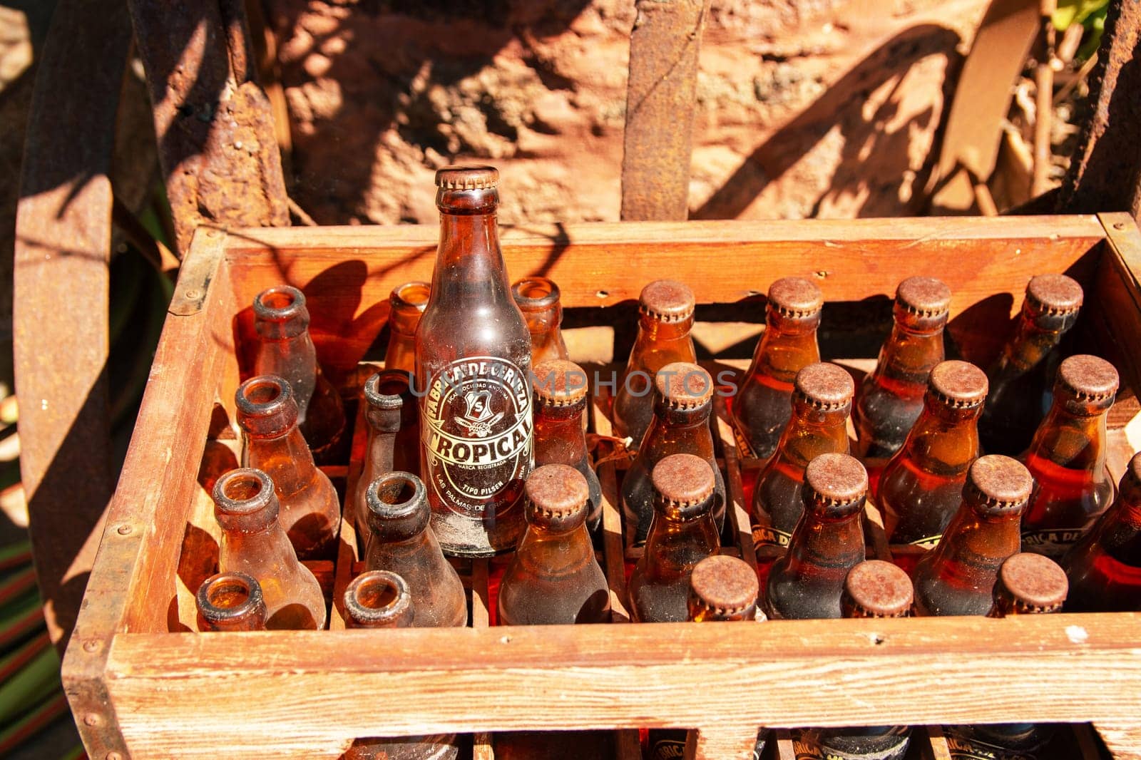 Gran Canaria, Spain - Sep 17, 2018. Antique bottled beer Tipo Pilsener. A chocolate manufacturer opened the LA TROPICAL brewery in the Los Arenales near Las Palmas.