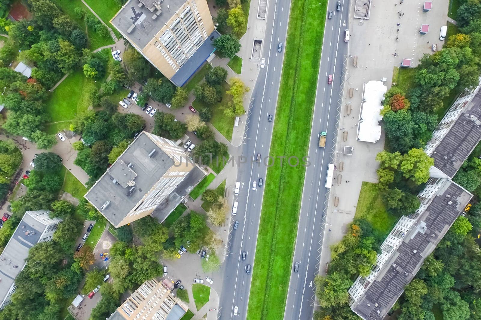 Top view of the city of Moscow, buildings and roads and other infrastructure of the city. Cityscape view from above.