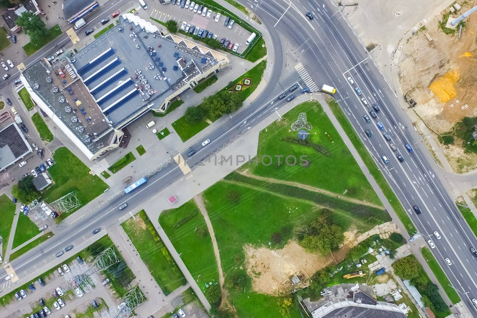 Top view of the city of Moscow, buildings and roads and other infrastructure of the city. Cityscape view from above.
