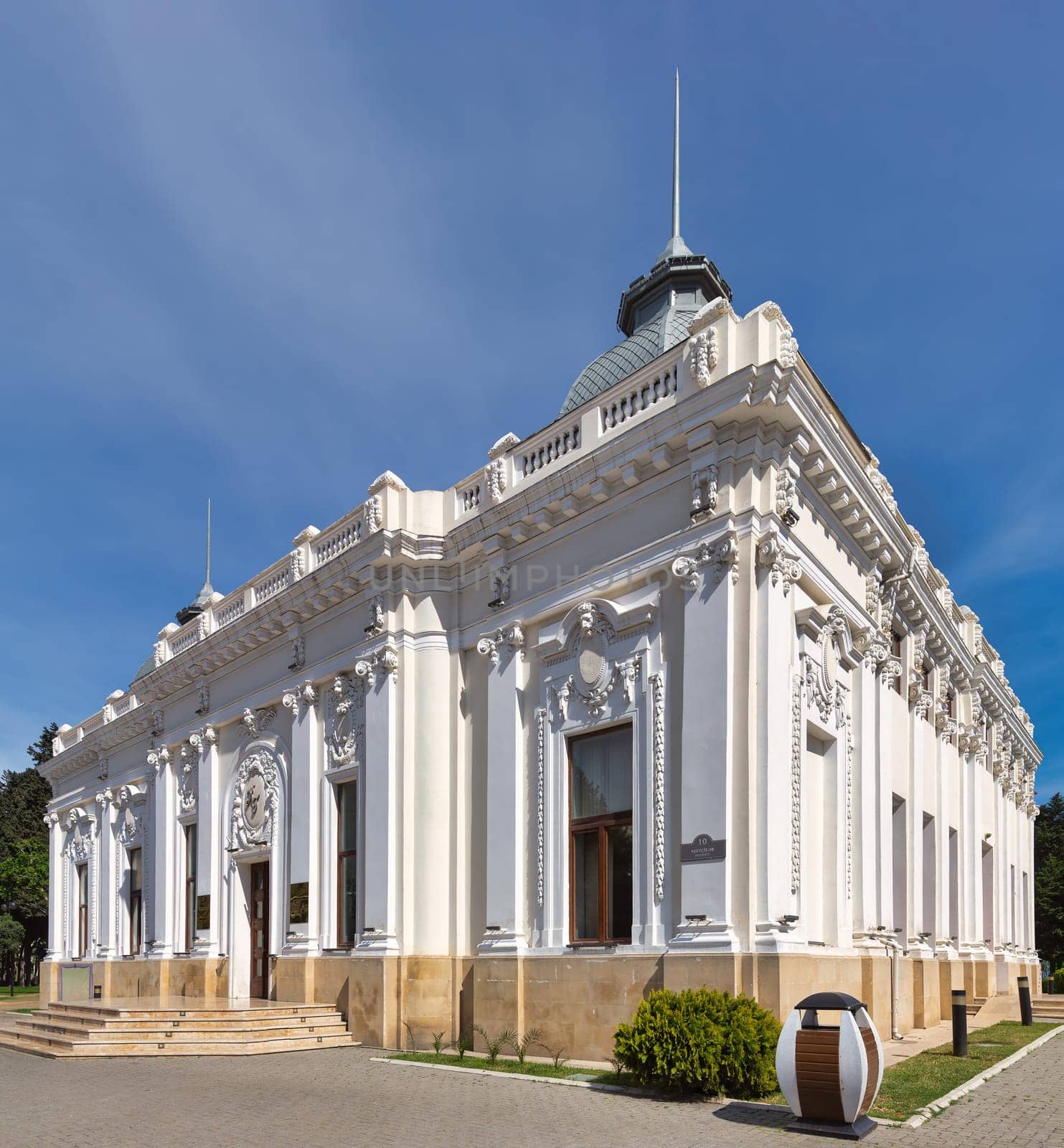 The Azerbaijan State Puppet Theatre in Baku is a beautiful building with a white facade and ornate details