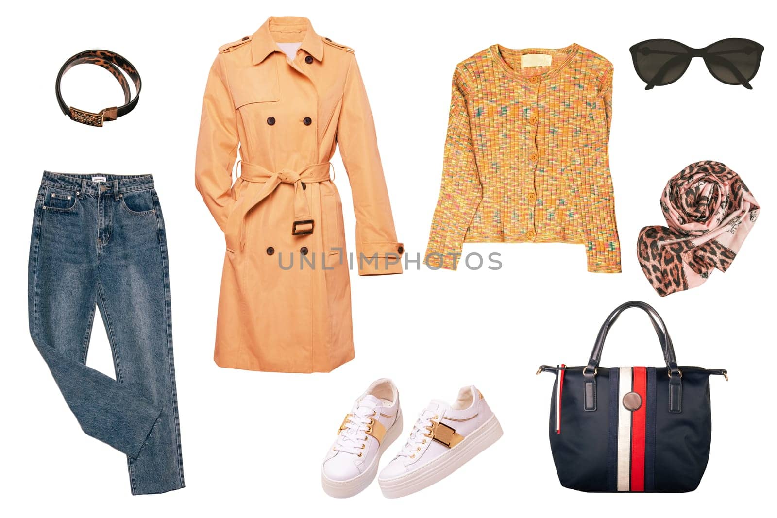 Collage set of woman spring summer clothes isolated. Female girls clothing collection. Women trench coat, jeans, jumper, sneaker, bag, accessories wear.