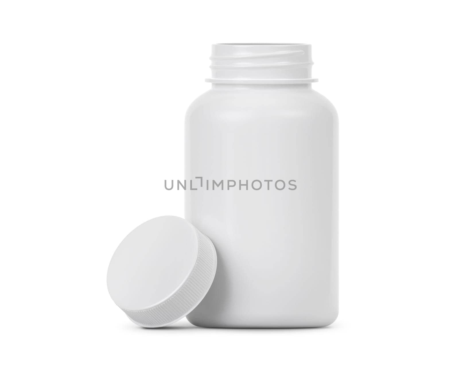 Blank plastic pill bottle on a white background