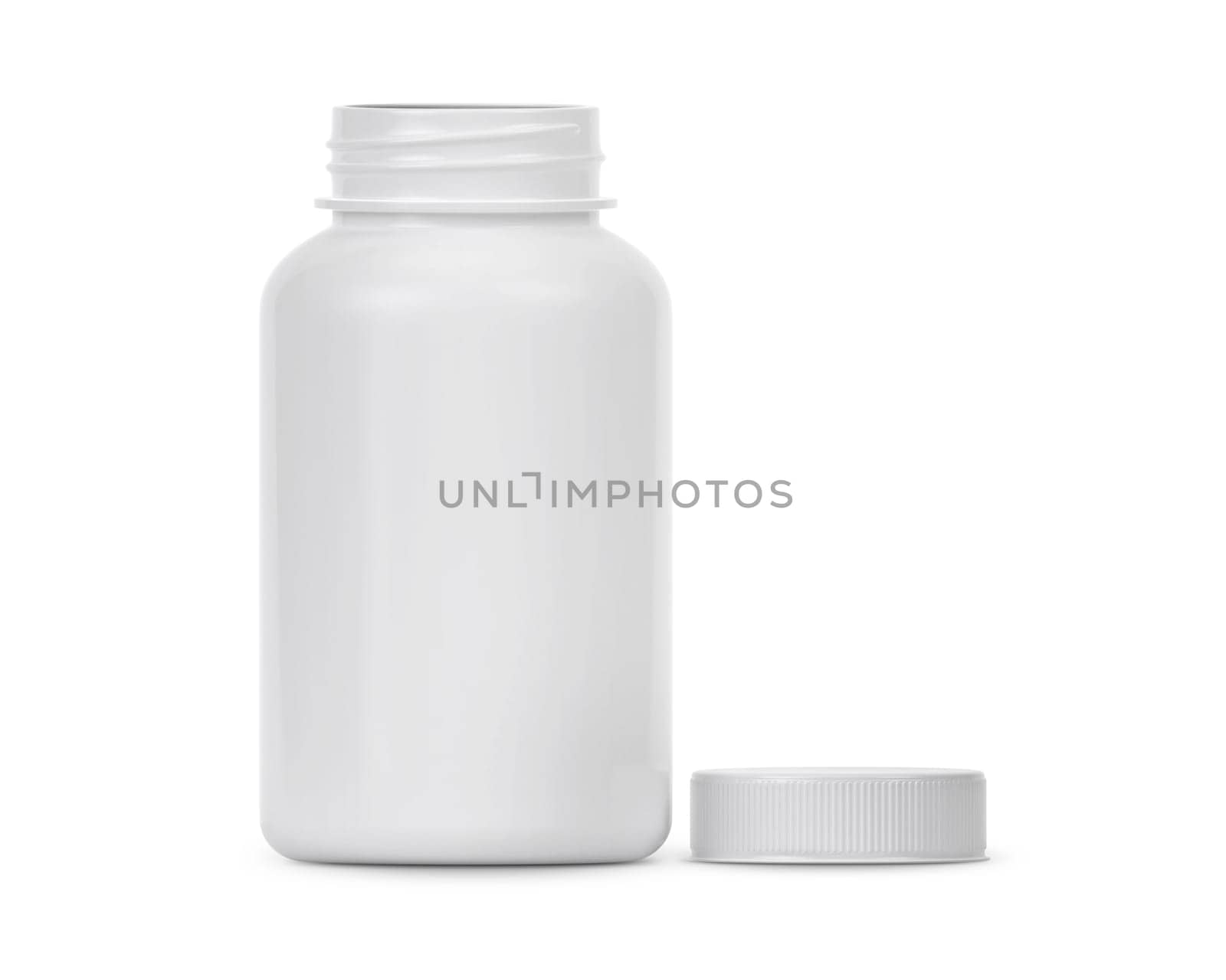 Blank plastic pill bottle on a white background