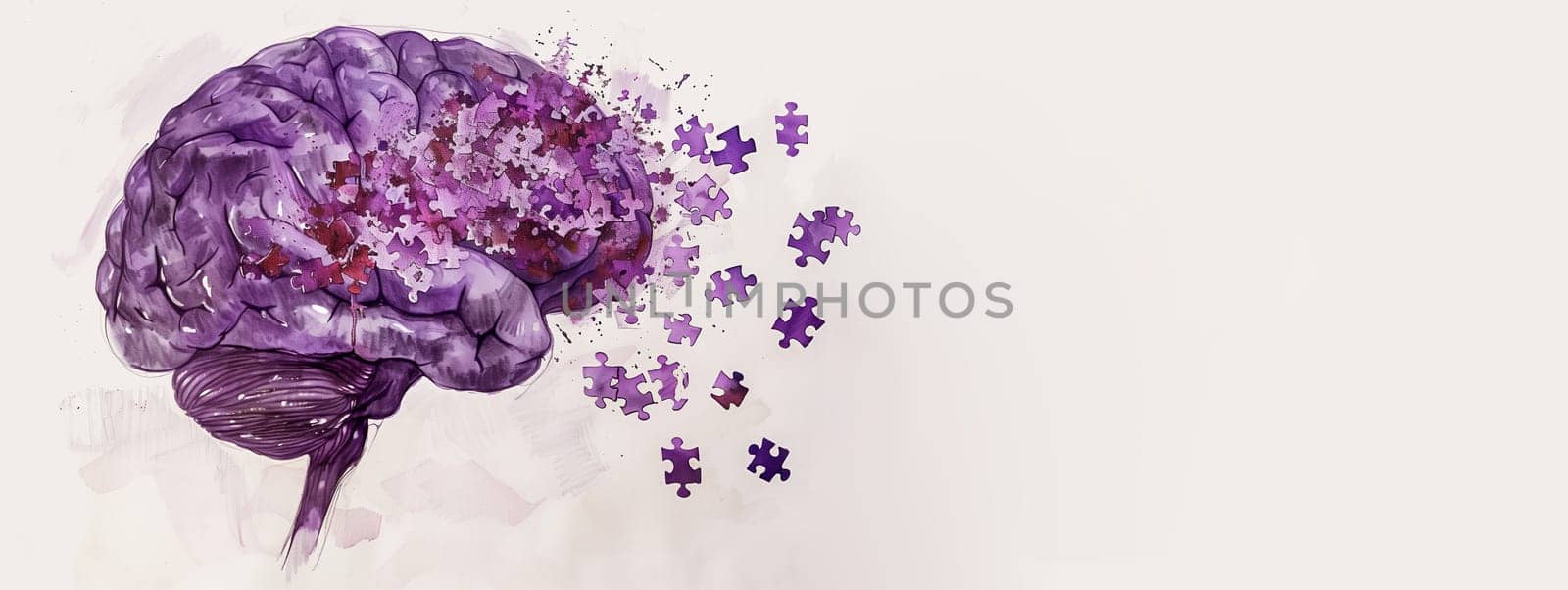 Alzheimer awareness day, dementia diagnosis, Parkinson disease, memory loss disorder, brain with purple puzzle or jigsaw pieces, damaged mind