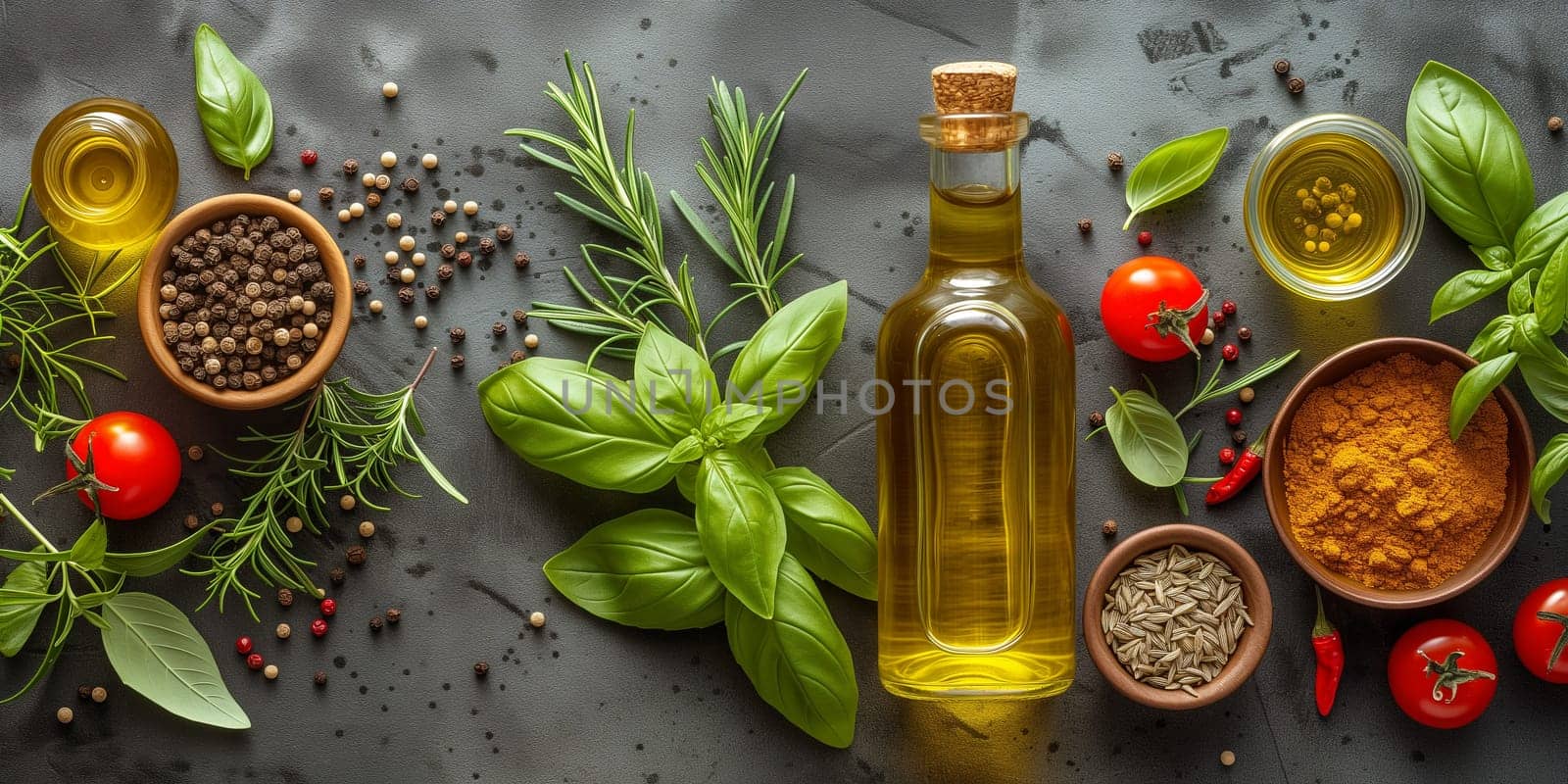 Olive oil with fresh herbs, spice rosemary and basil leaf, pepper and tomato, mediterranean food ingredients
