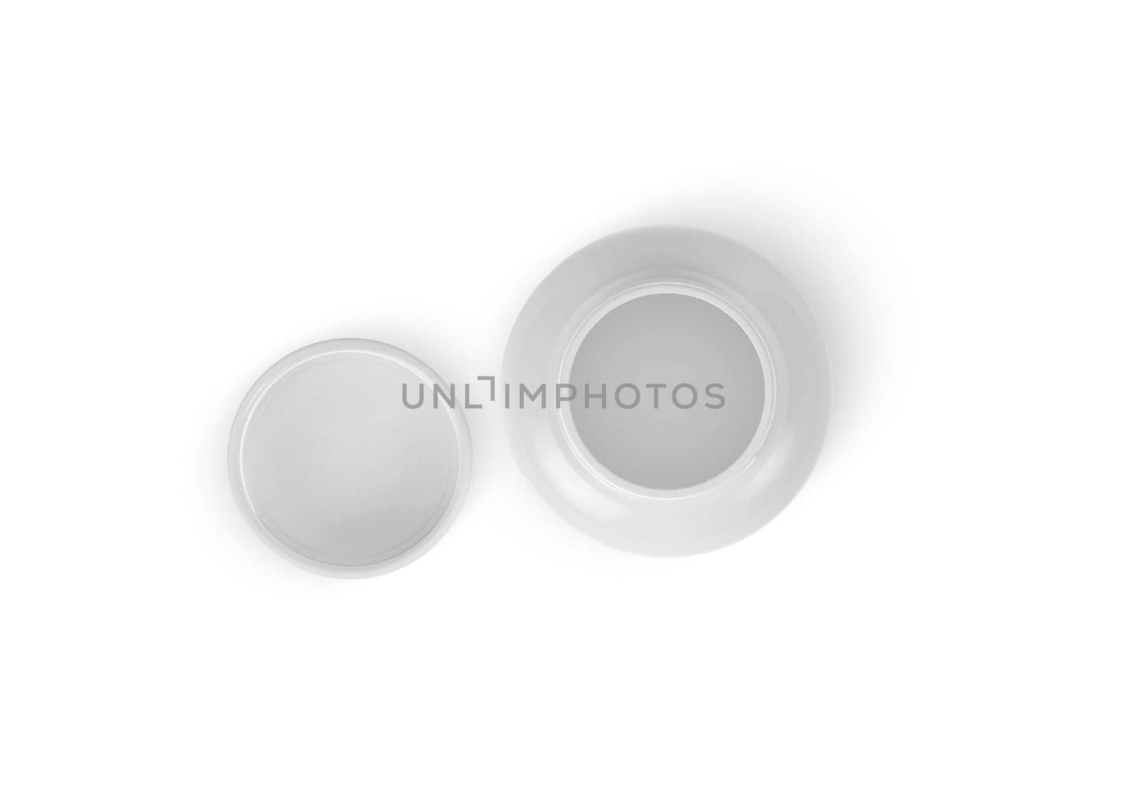 Top view. Blank plastic pill bottle on a white background