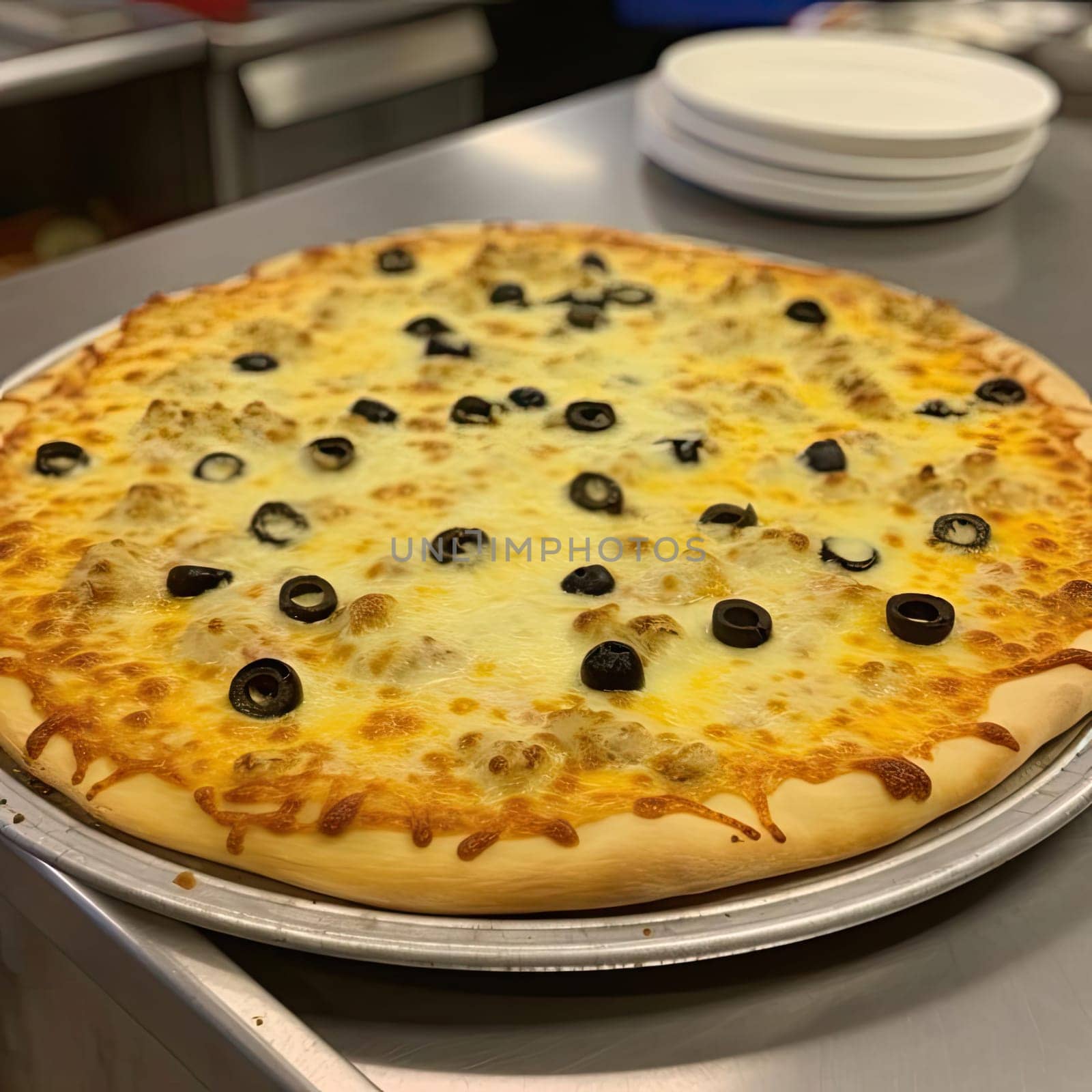 Pizza with olives and cheese on the table in a restaurant - AI Generated