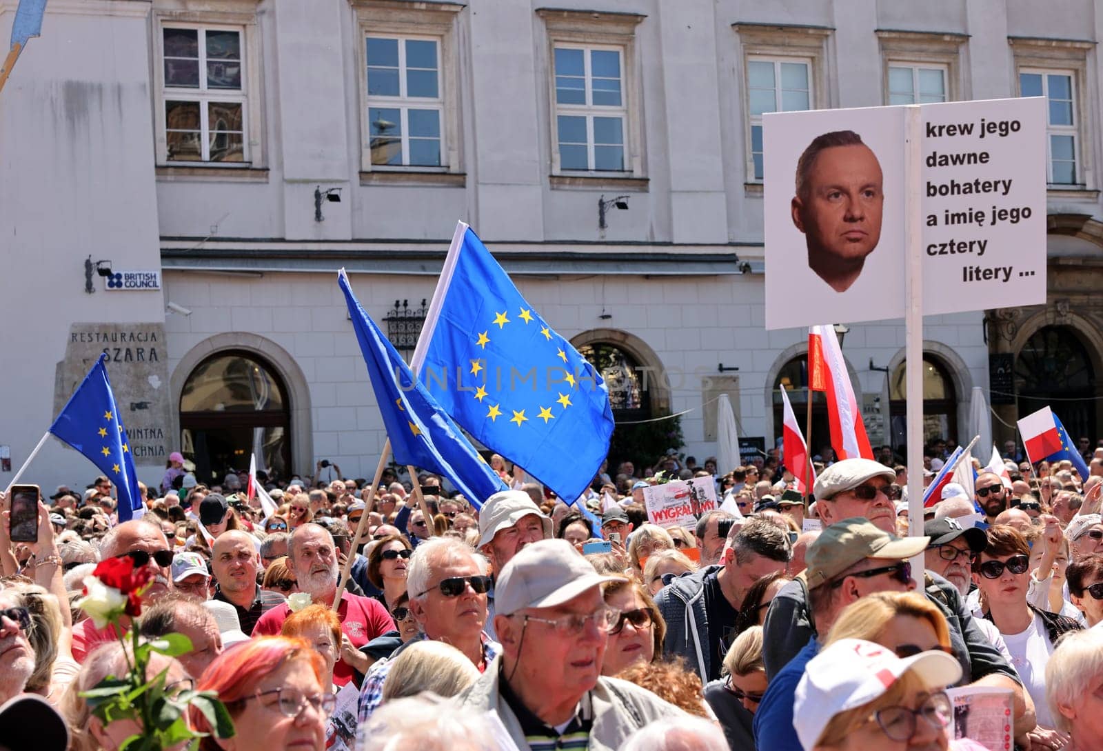Cracow, Poland - June 4, 2023: March of freedom, march in defense of democracy, Krakow supports the great march in Warsaw.