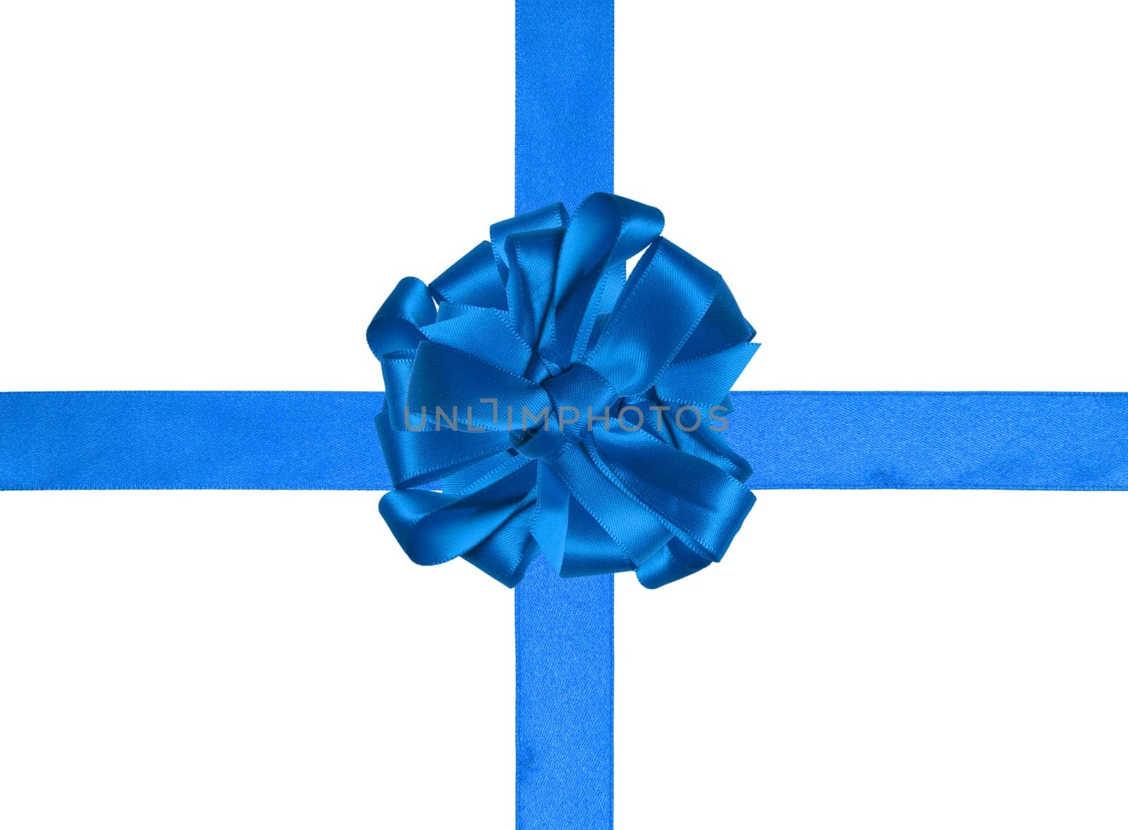 Blue ribbon with a cross and a bow on an isolated backgroun, top view
