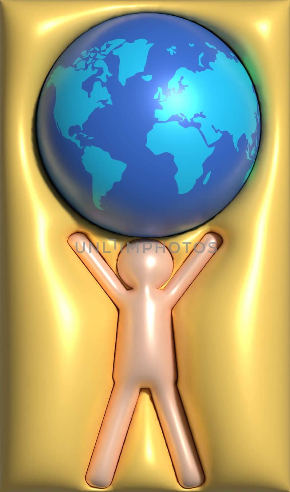 Man holding a planet above his head, 3D rendering illustration