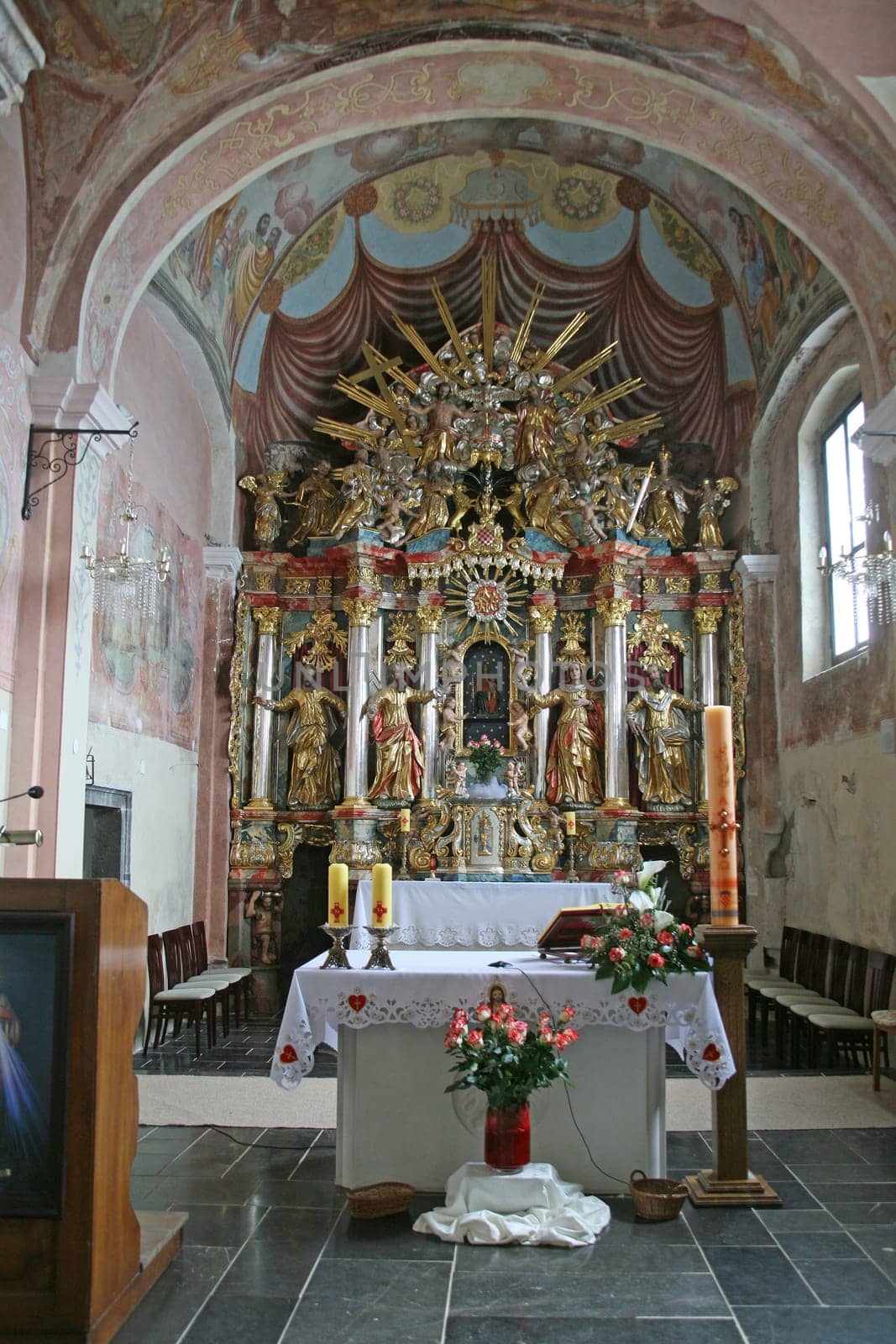 Main altar in parish Church of Our Lady of snow in Kamensko, Croatia