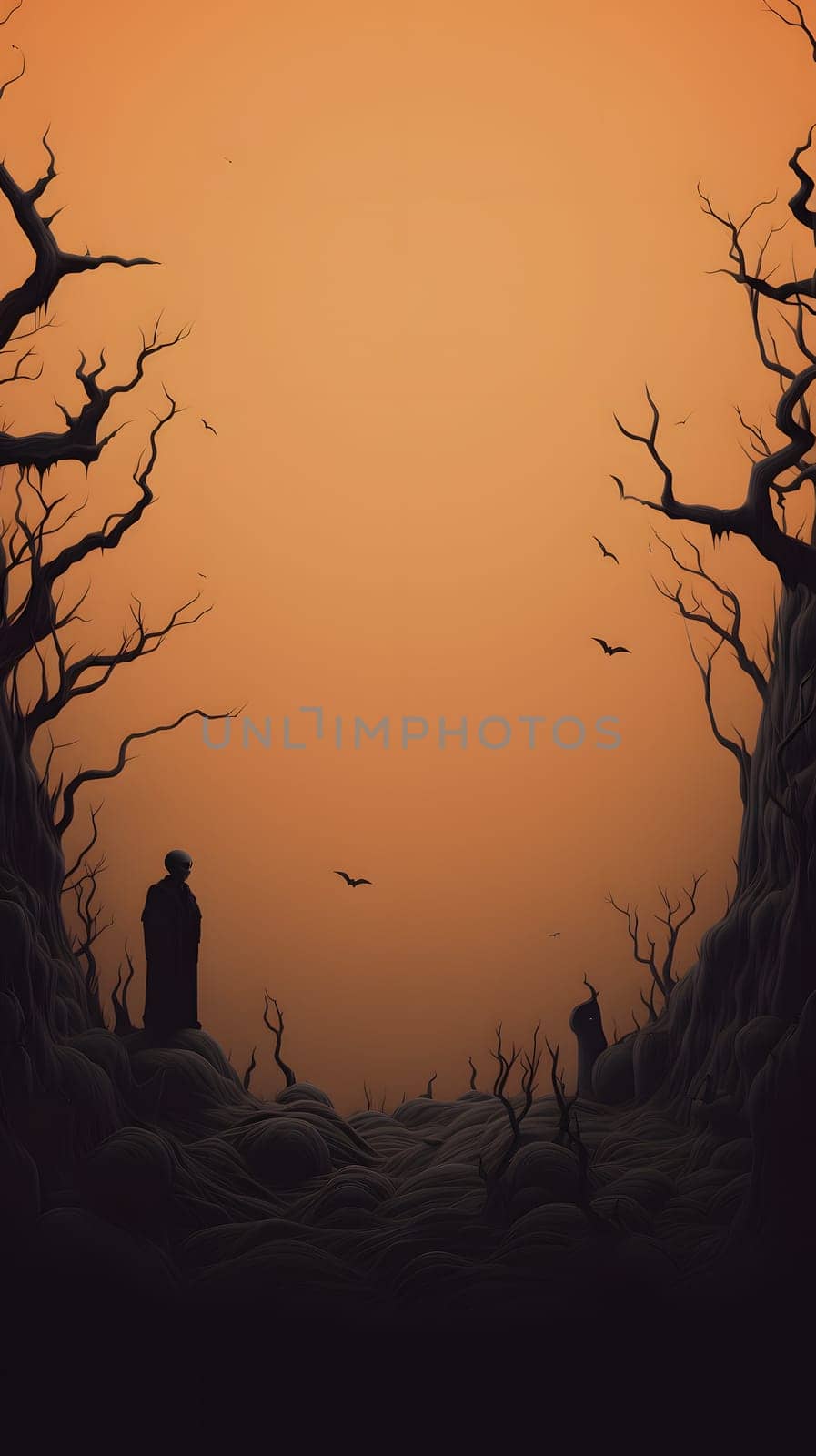 Moody scene with silhouetted figures among bare trees against an orange sky, evoking mystery and solitude.