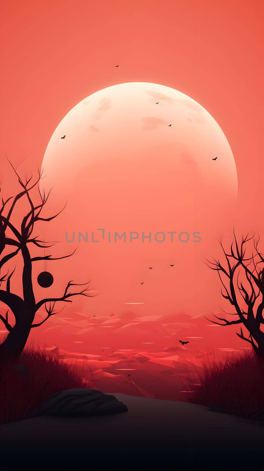 A surreal red moonrise over an ethereal landscape, featuring silhouetted trees and scattered foliage.