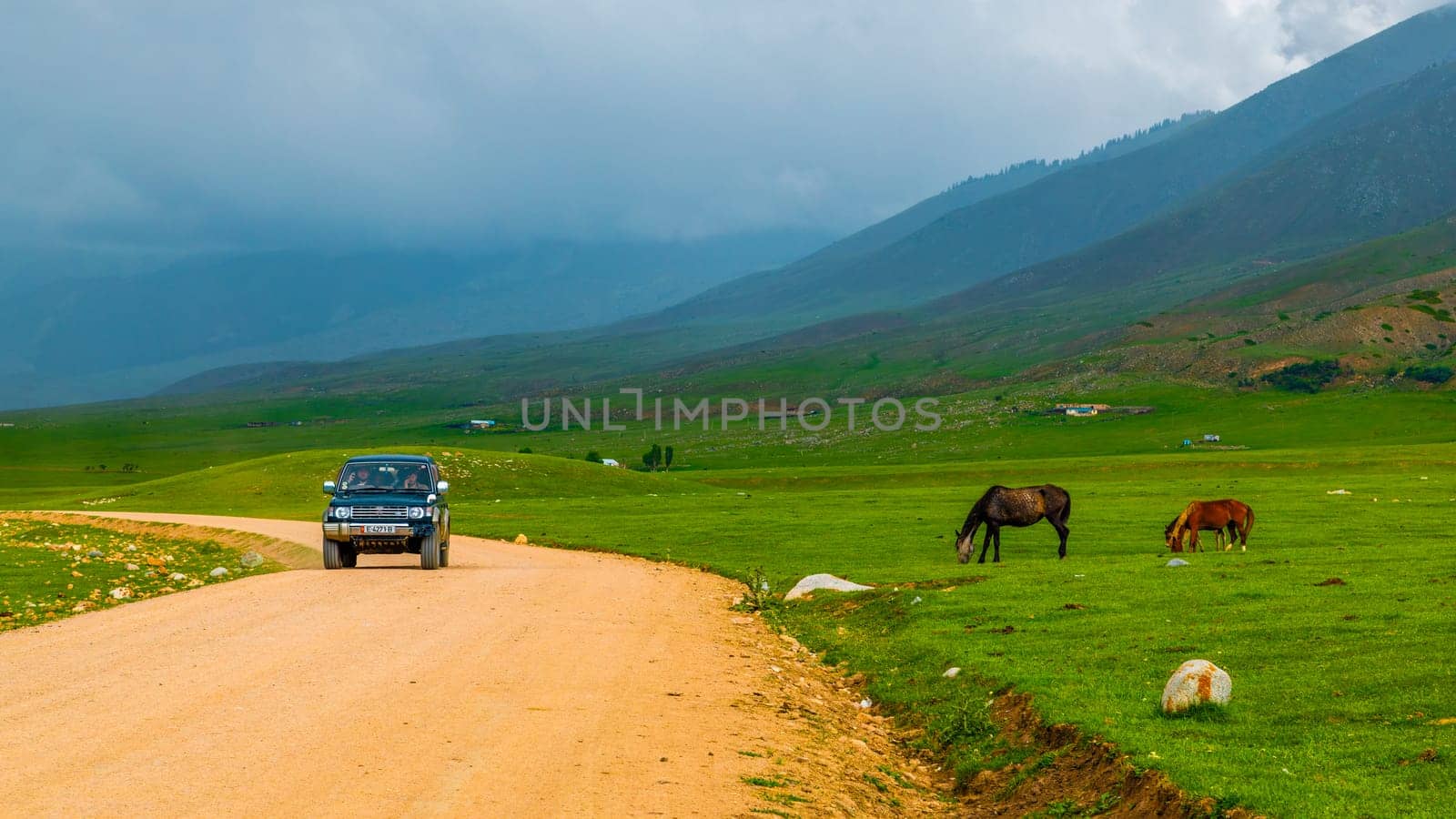 old SUV driving along dry dirt road near grazing horses before thunderstorm in Semenovskoye gorge, Kyrgyzstan at July 5, 2023