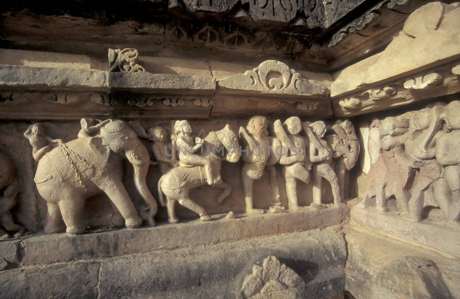 a view of the Erotic Temple and Hindu Temple of Kandarija Mahadeva Temple in the city of Khajurao in Province Madhya Pradesh in India.  India, Khajurao, April, 1998
