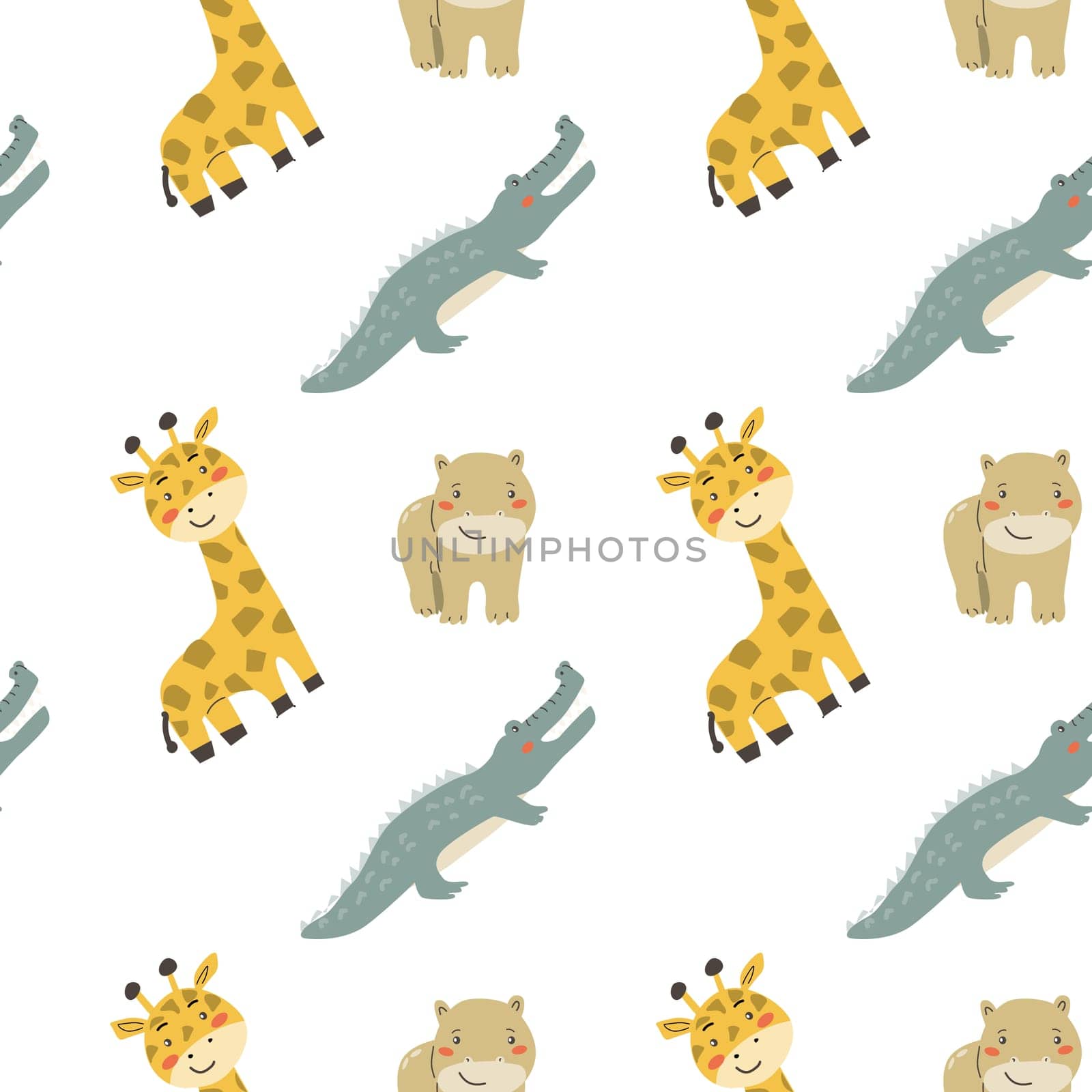 Childrens animals pattern, cute african jungle and tropical animal background for textile, poster, cover, wrapping paper. Wild animals pattern. Crocodile, hippo, giraffe design.