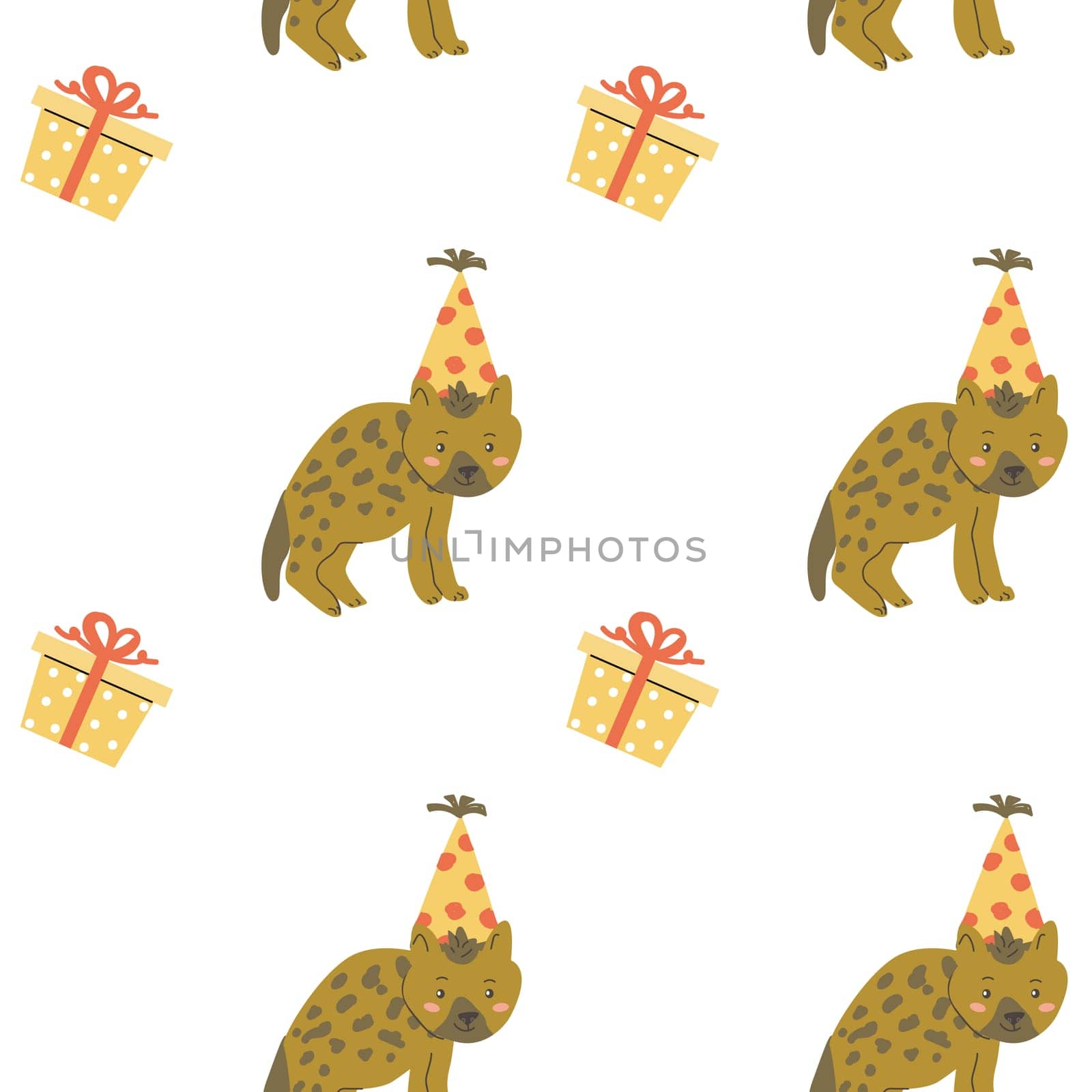 Childrens animals pattern, cute african jungle and tropical animal background for textile, poster, cover, wrapping paper. Celebration animals hyena pattern for christmas, birthday, other holidays.