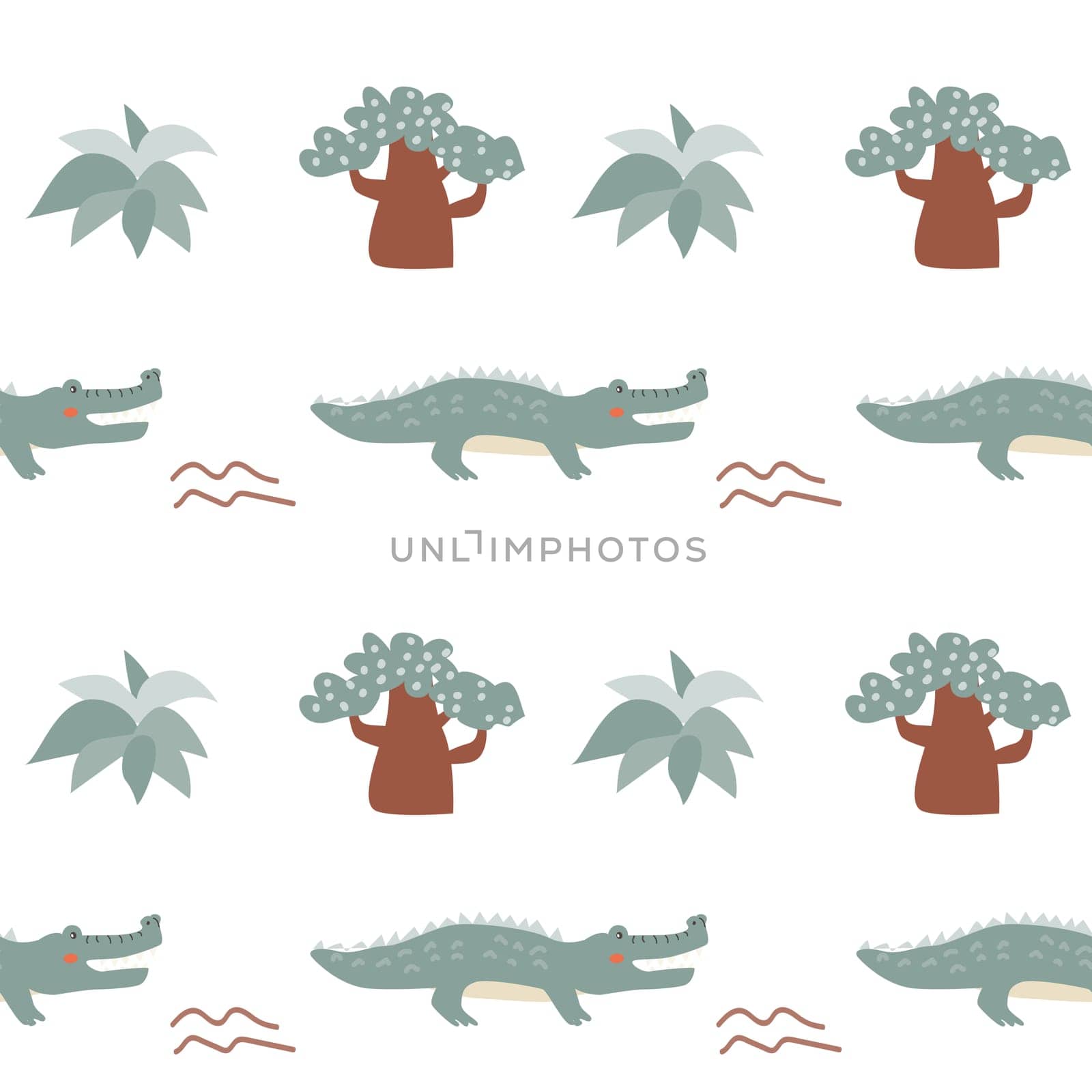 Childrens animals pattern with tropical plants. Childish cute print design with african animals and palm and hand drawn elements. Kids nursery scandinavian cartoon characters.