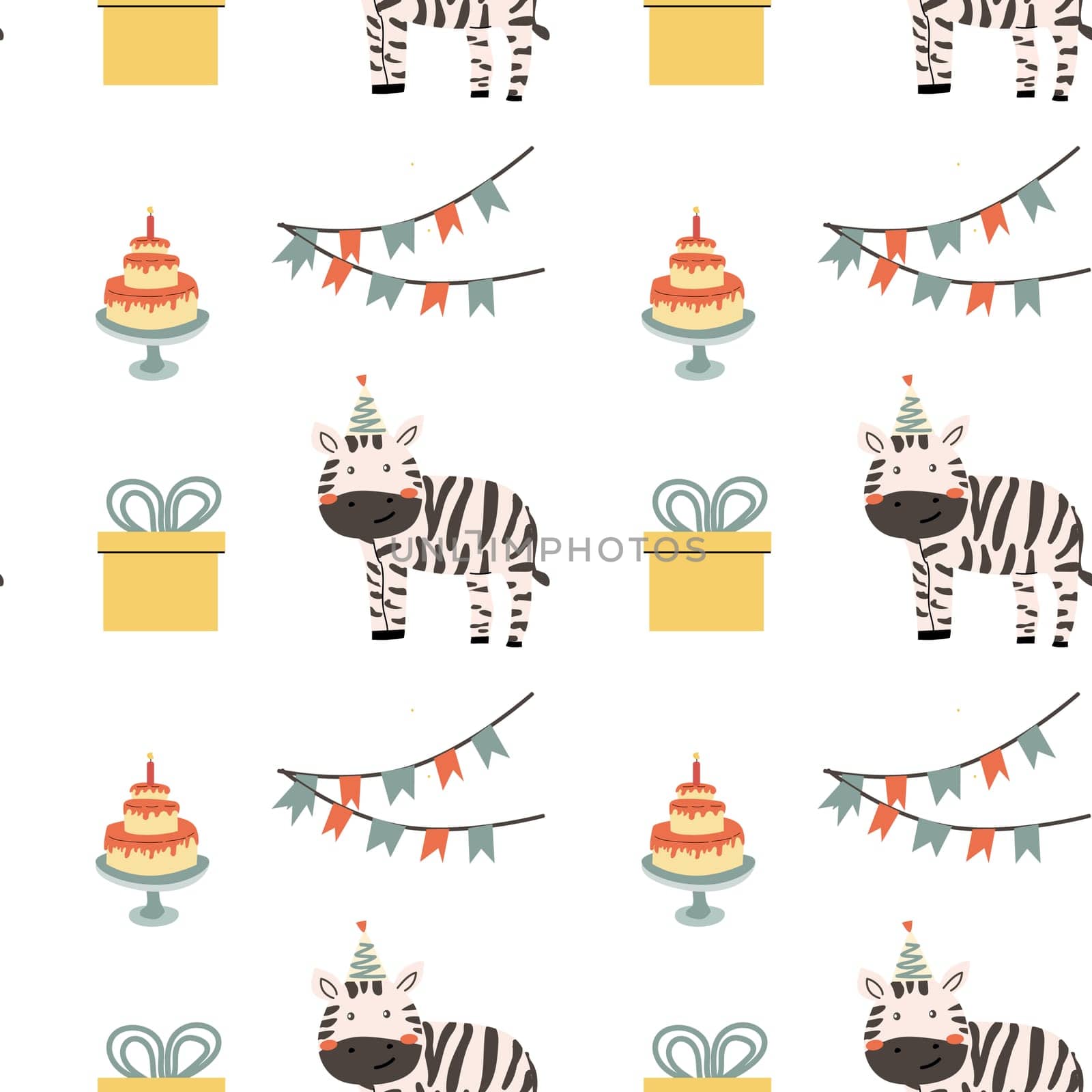 Childrens animals pattern, cute african jungle and tropical animal background for textile, poster, cover, wrapping paper. Celebration animals pattern for christmas, birthday, other holidays. Zebra.