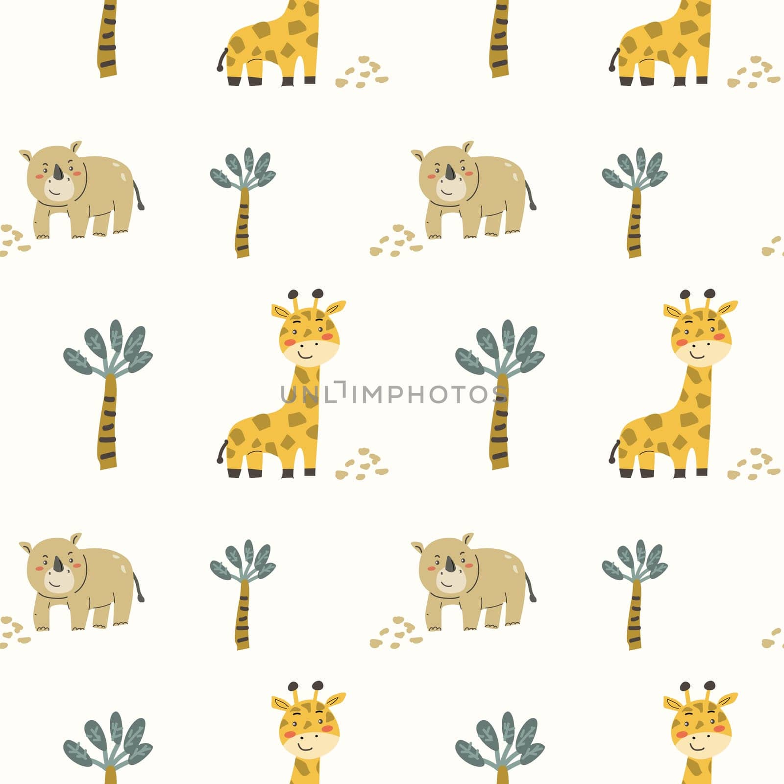 Childrens animals pattern with tropical plants. Childish cute print design with african animals and palm and hand drawn elements. Kids nursery scandinavian cartoon characters.
