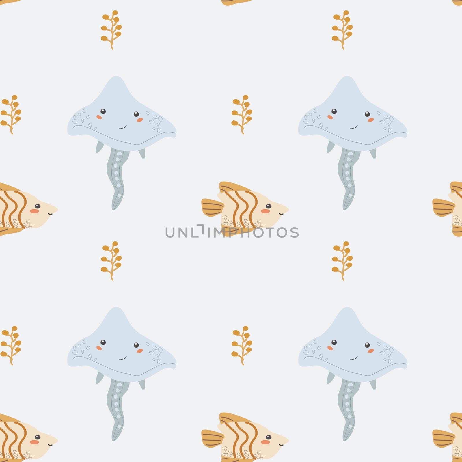 Childrens sea animals pattern, childish ocean marine life seamless background. Nursery baby animals print. Underwater inhabitants collection background for kids textile, clothes, wallpapers.