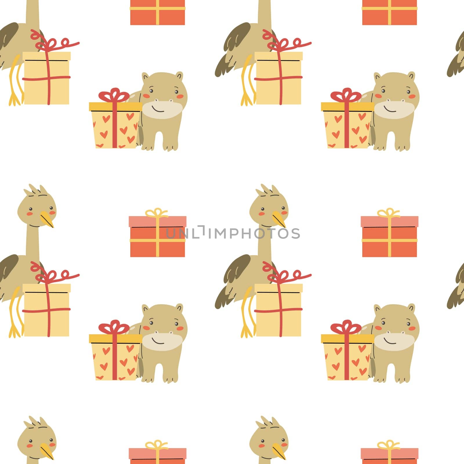 Childrens animals pattern, cute african jungle and tropical animal background for textile, poster, cover, wrapping paper. Celebration animals pattern for christmas, birthday, other holidays. Hippo.