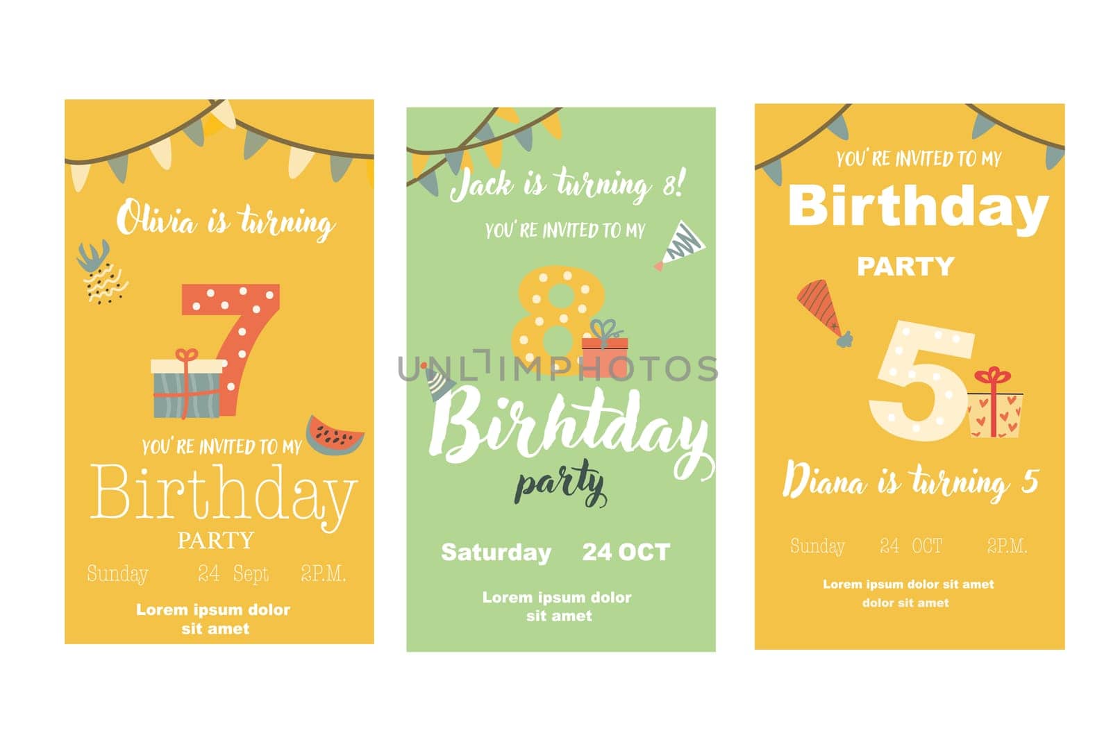 Childrens birthday invitation posters set. Can used for birthday party, childish design. Cute animals and gifts. Tropical animals party invite backgrounds set.