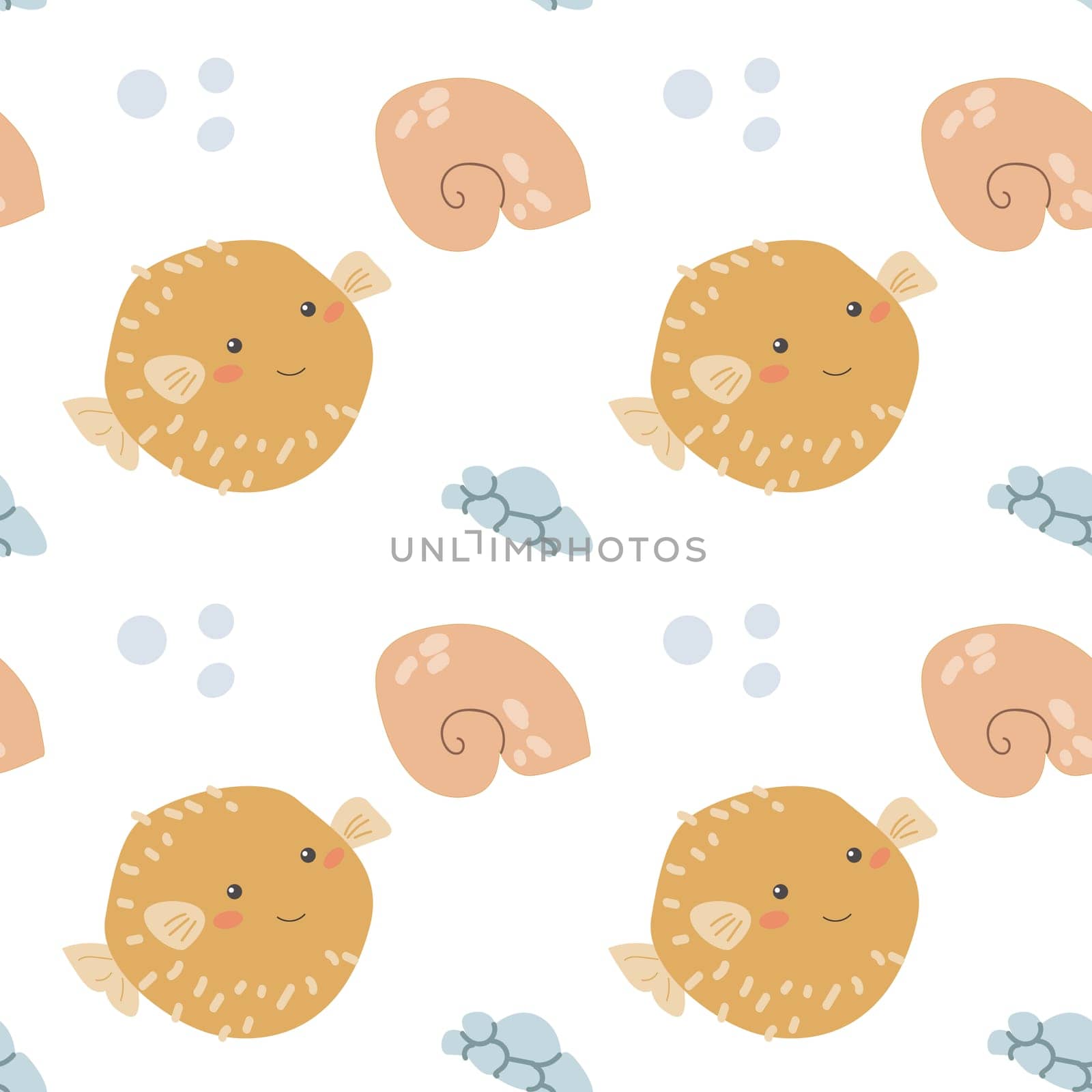 Childrens sea animals pattern, childish ocean marine life seamless background. Nursery baby animals print. Underwater inhabitants collection background for kids textile, clothes, wallpapers.