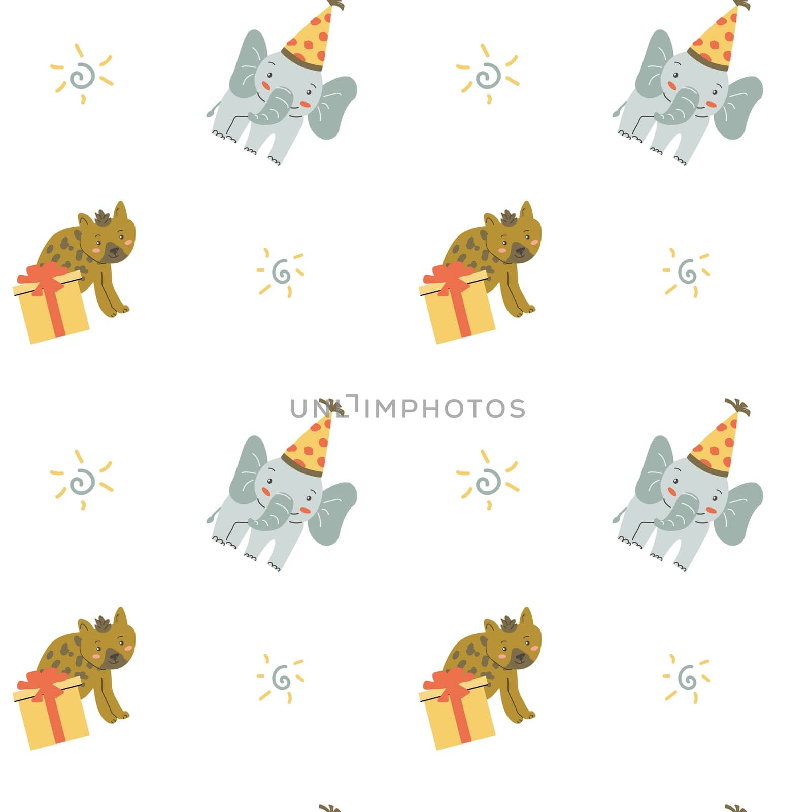 Childrens animals pattern, cute african jungle and tropical animal background for textile, poster, cover, wrapping paper. Celebration animals pattern for christmas, birthday, other holidays. Elephant.