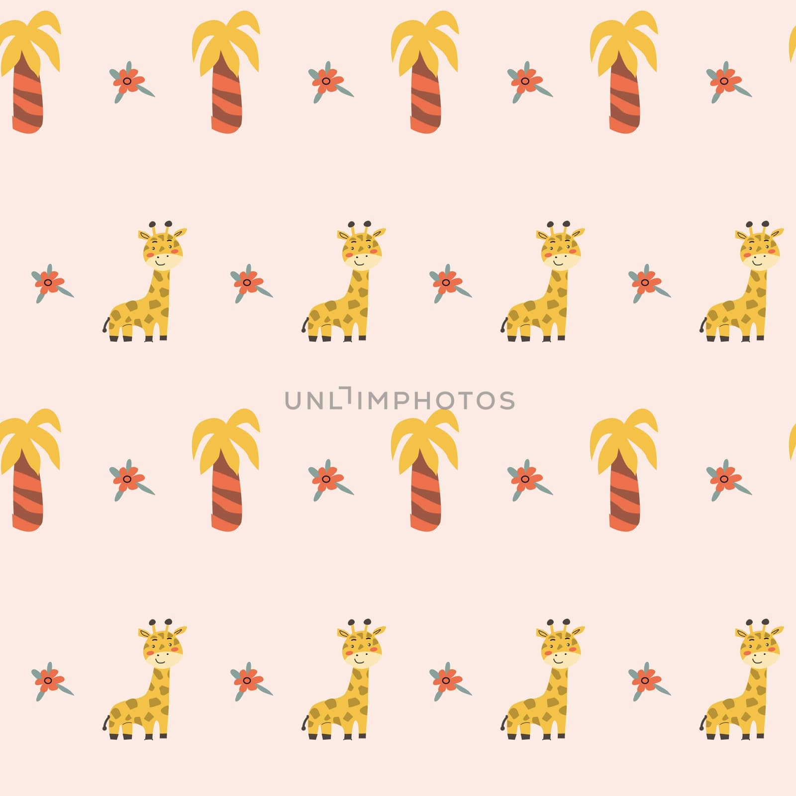 Childrens animals pattern with tropical plants. Childish cute print design with african animals and palm and hand drawn elements. Kids nursery scandinavian cartoon characters.