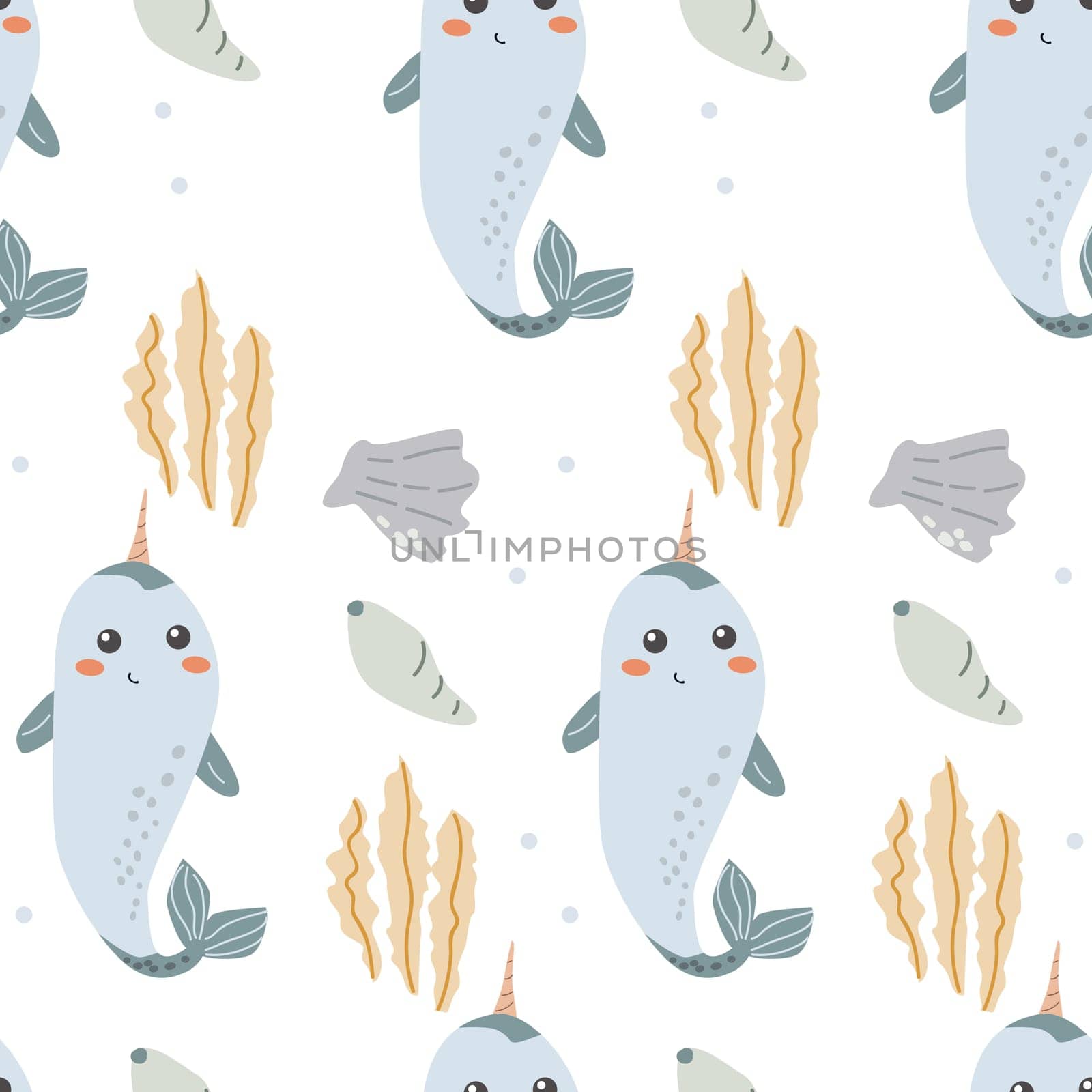 Childrens sea animals pattern, childish ocean marine life seamless background. Nursery baby animals print. Underwater inhabitants collection background for kids textile, clothes, wallpapers.