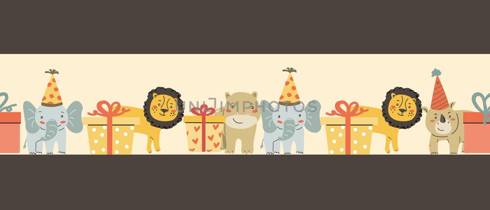 Childrens animals background, cute african jungle and tropical animal border for textile, cover, wrapping paper. Celebration animals border for birthday, other holidays.