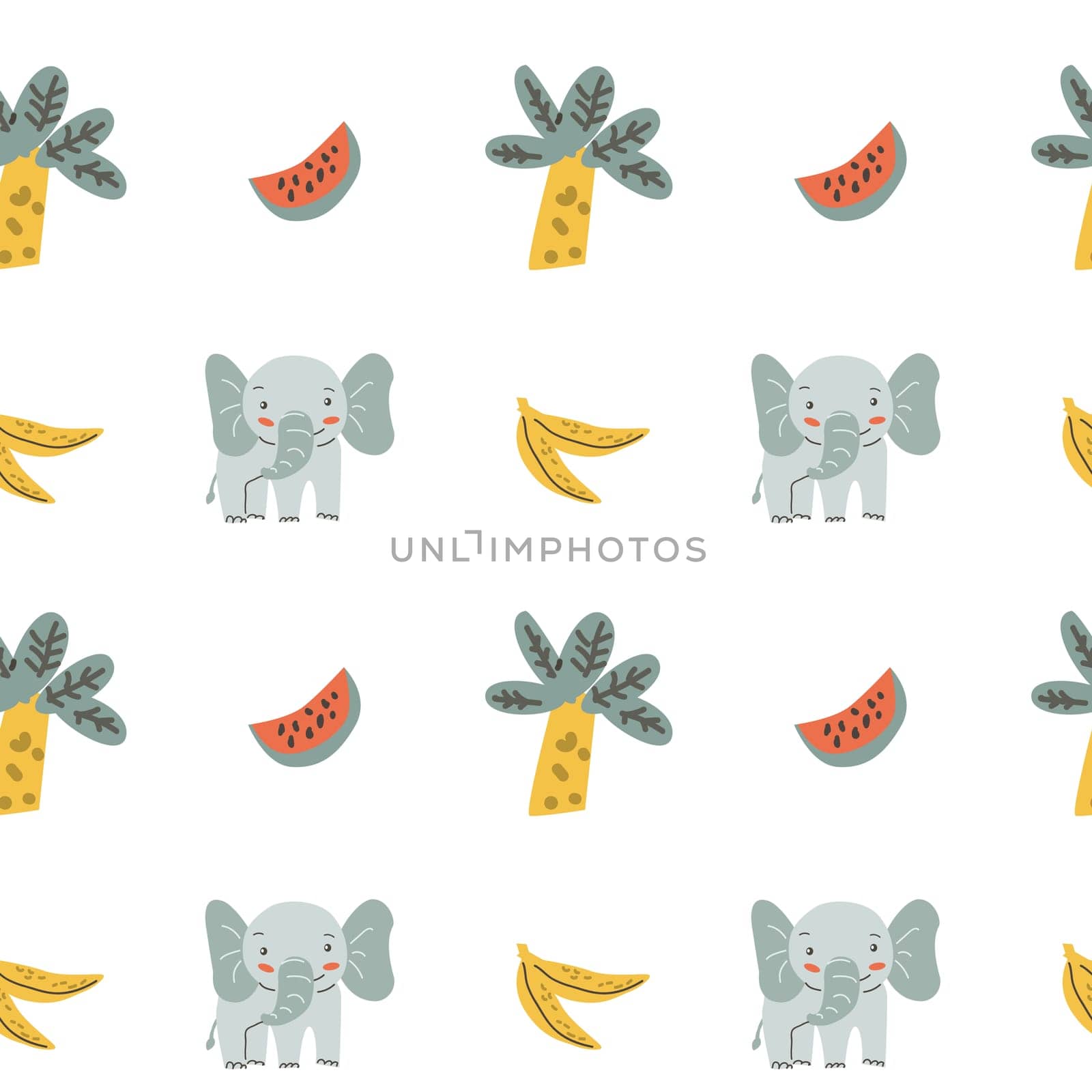 Childrens animals pattern with tropical plants. Childish cute print design with african animals and palm and hand drawn elements. Kids nursery scandinavian cartoon characters.