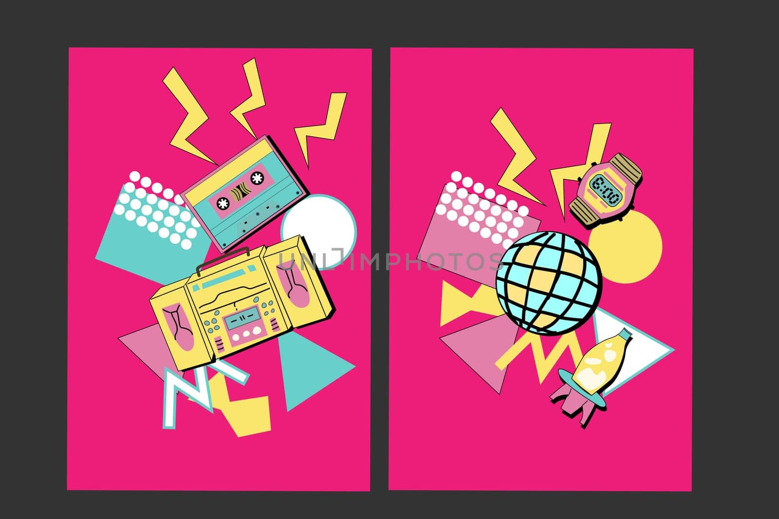 90s music background. Retro disco posters set with y2k or 00s elements. Game or music equipment, laptop from 90s. Bright background for social network.