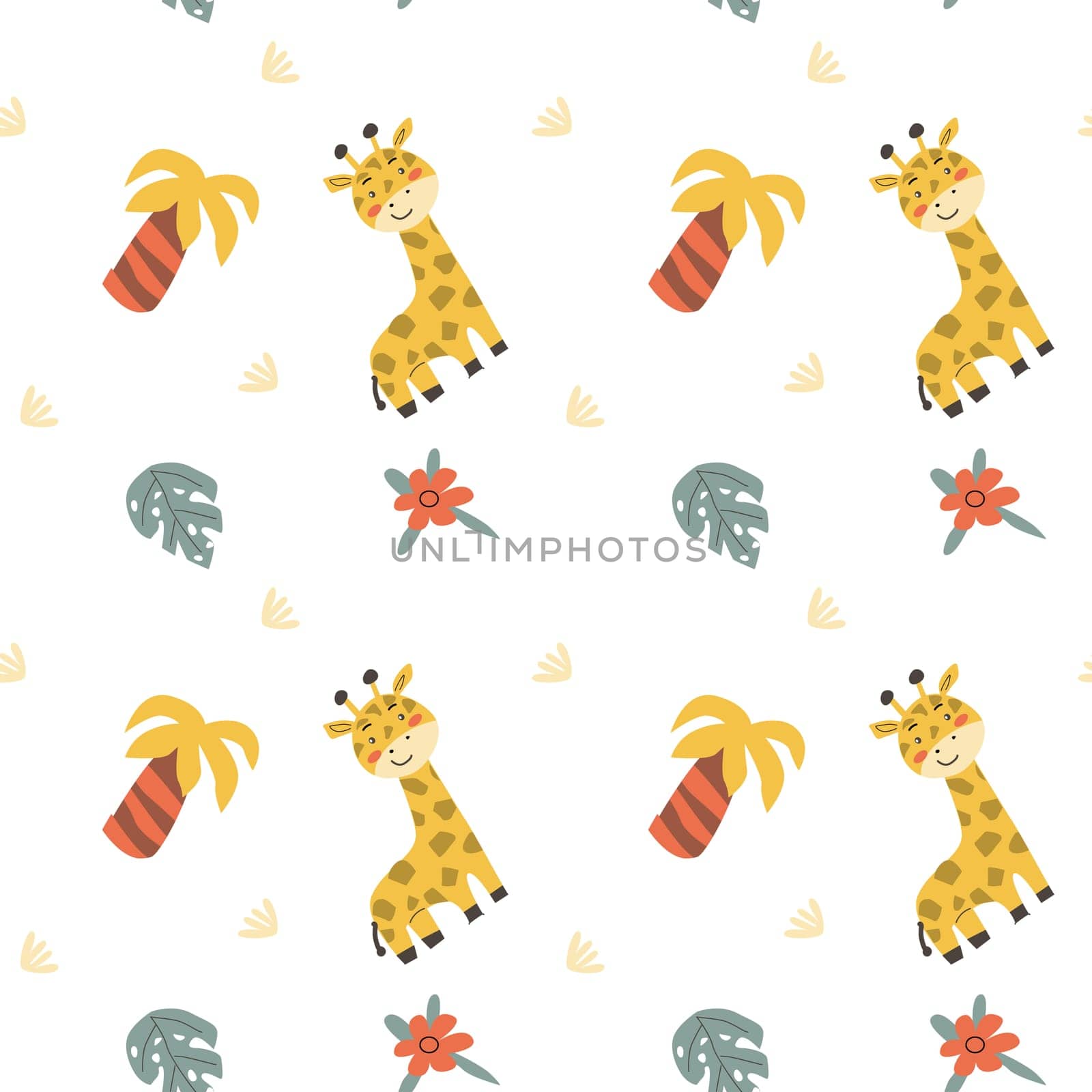 Childrens animals pattern with tropical plants. Childish cute print design with african animals and palm and hand drawn elements. Kids nursery scandinavian cartoon characters.
