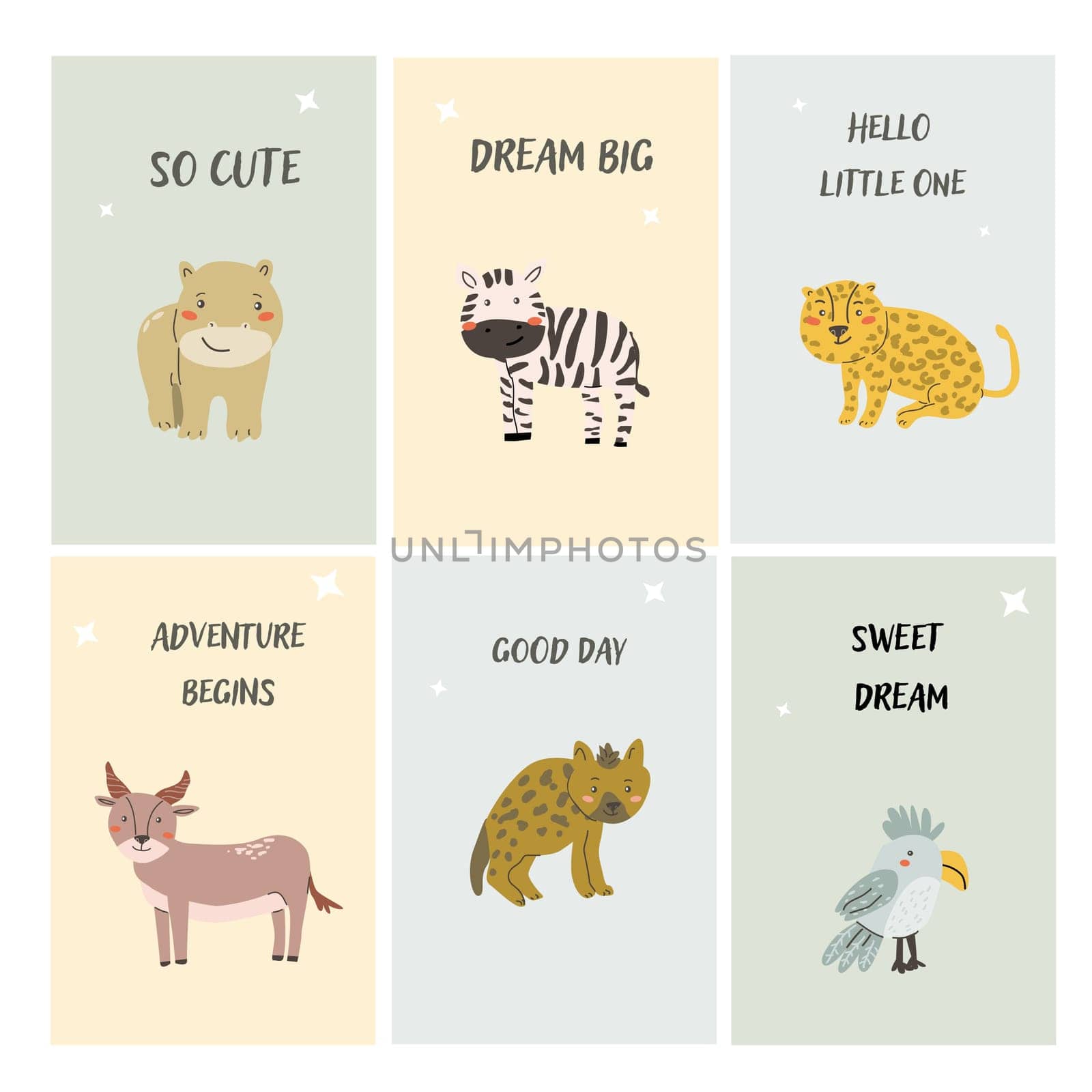 Childrens animals posters set. Nursery design. Cute baby african animals cards. Hand drawn wild pets posters collection.