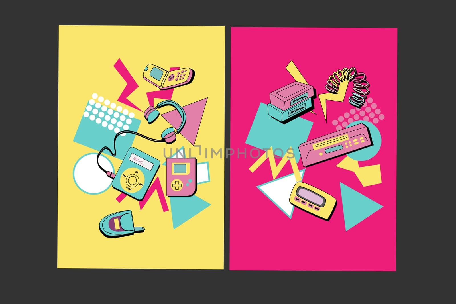 90s music background. Retro disco posters set with y2k or 00s elements. Game or music equipment, laptop from 90s. Bright background for social network.