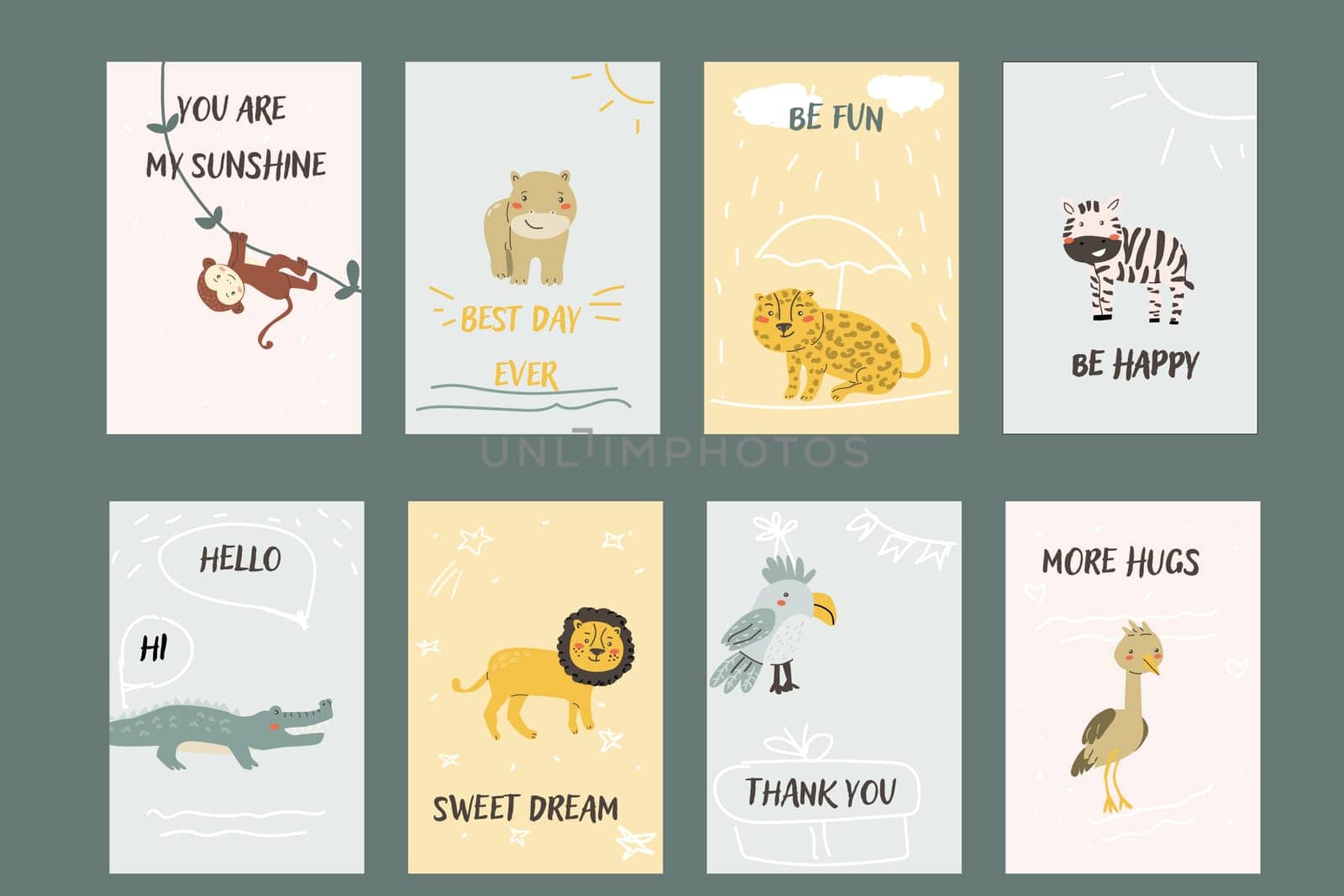 Childrens animals posters set. Nursery design. Cute baby african animals cards. Hand drawn wild pets posters collection.